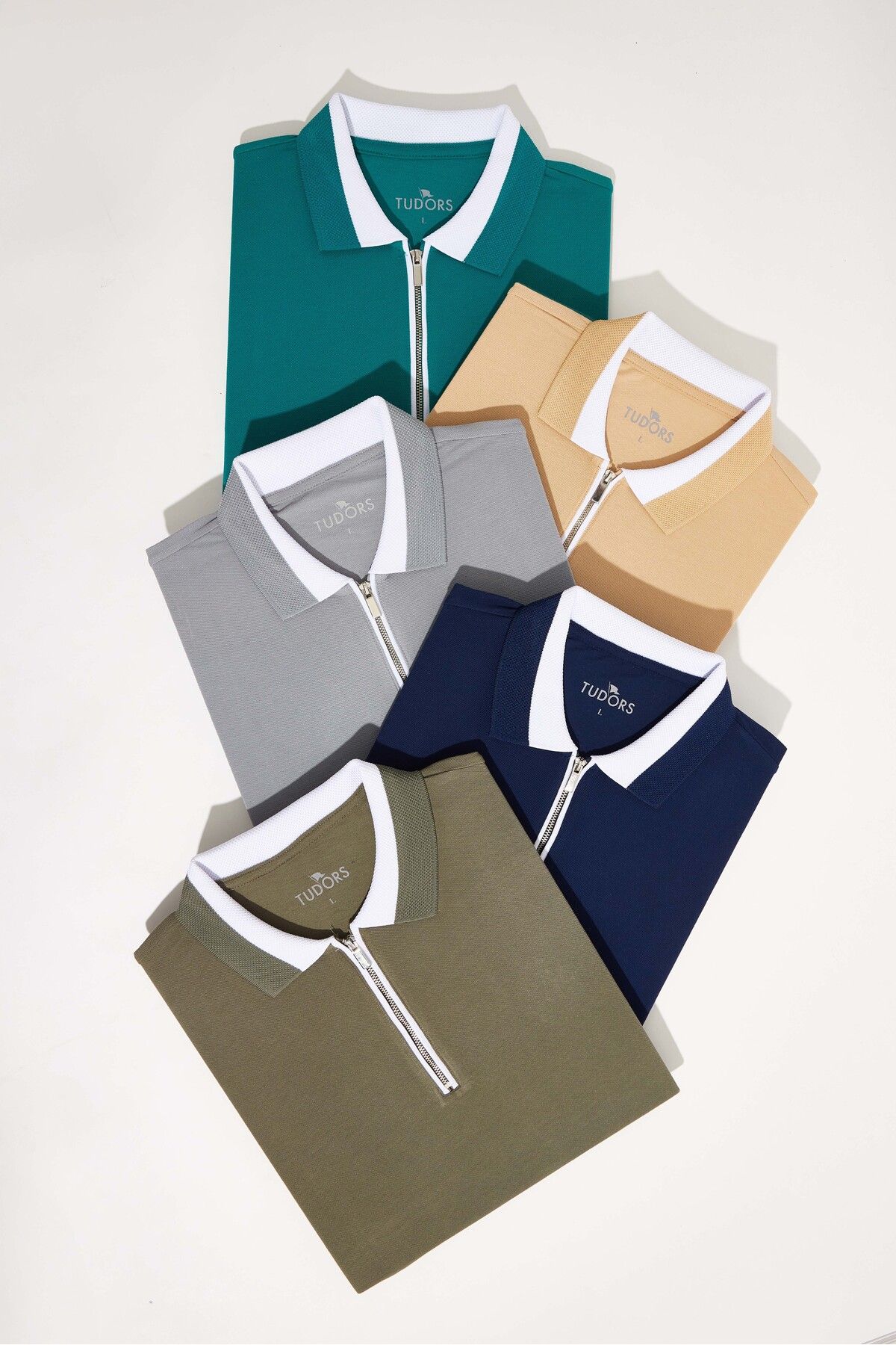 Tudors Erkek 5'li Paket Lacivert-Haki-Yeşil-Vizon-Gri Slim Fit Pamuklu Düz Fermuarlı Pike Polo Yaka Tişört
