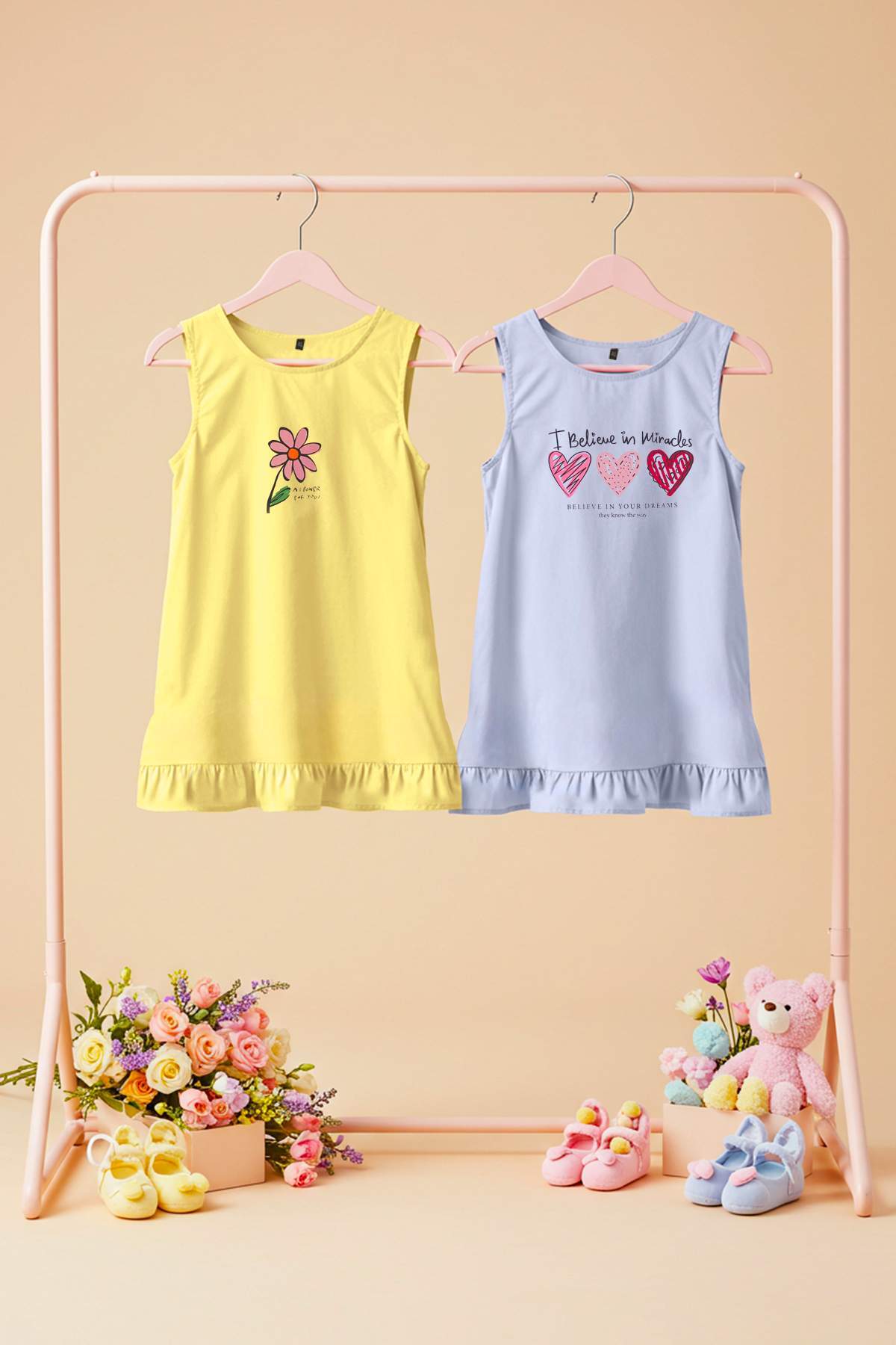 TRENDYOLKIDS Flieder-Gelbes 2-teiliges bedrucktes ärmelloses kurzes Strickkle...