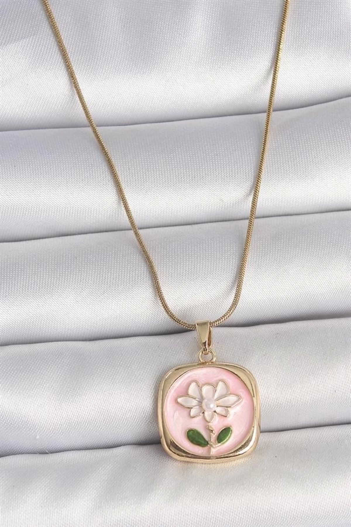 Merev 316L Çelik Gold Renk Zincir Pembe Papatya İşlemeli İnci Detay Kadın Kolye