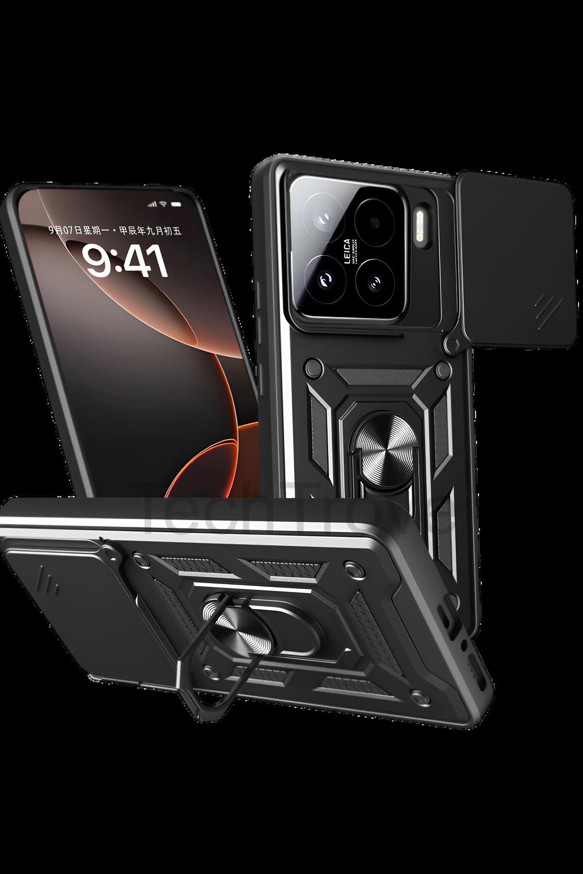 TechTrove Xiaomi 15 Kılıf Sürgülü Kamera Korumalı Yüzüklü Stand Olabilen Magnetic Tpu Tank Kapak