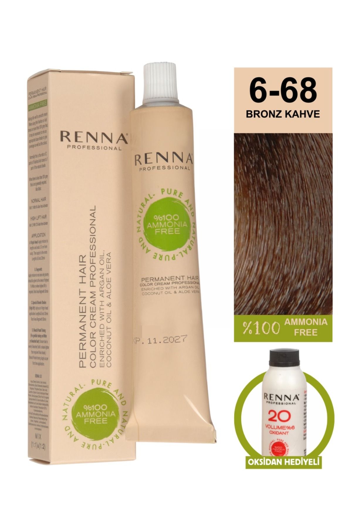 Renna AMONYAKSIZ Bitkisel Yıpranmış Saçlar İçin Saç Boyası 6-68 BRONZ KAHVE 60ml