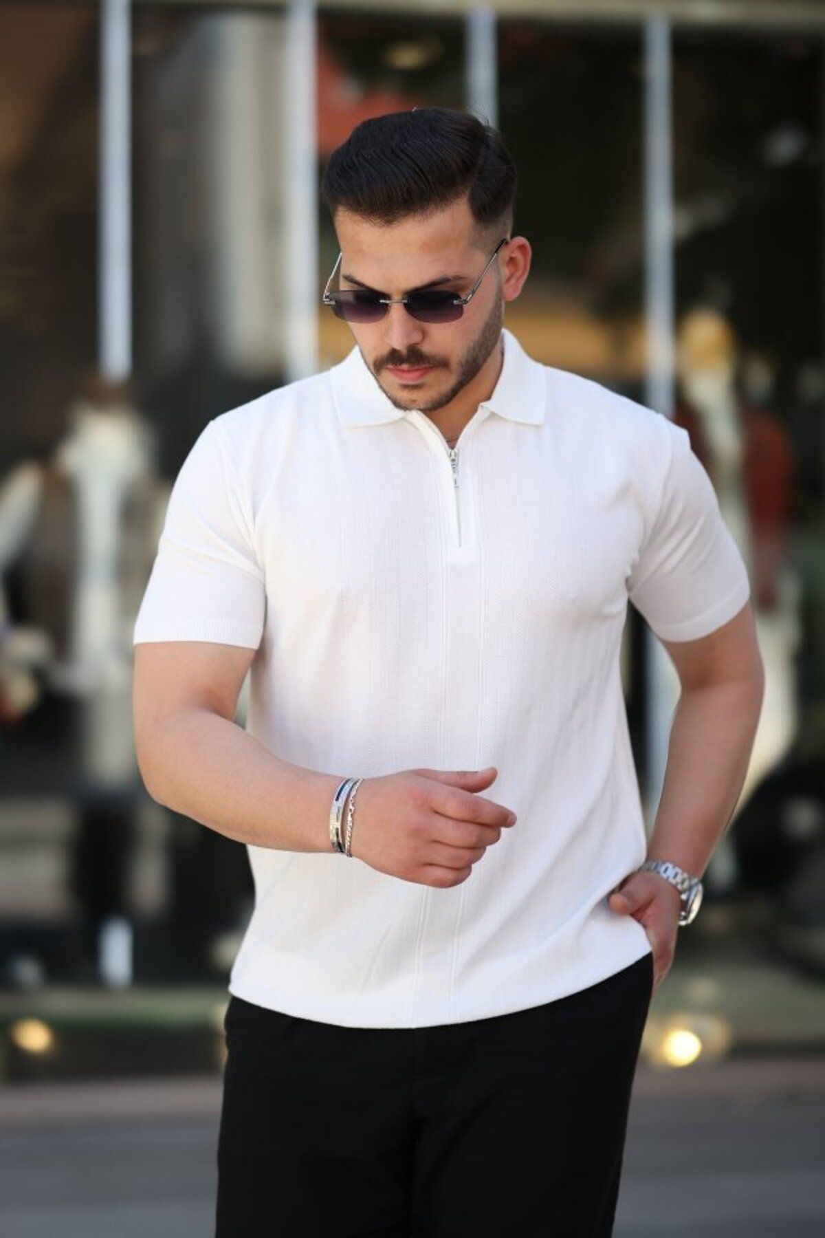 novafems Erkek Yakası Fermuarlı Kısa Kollu T-shirt
