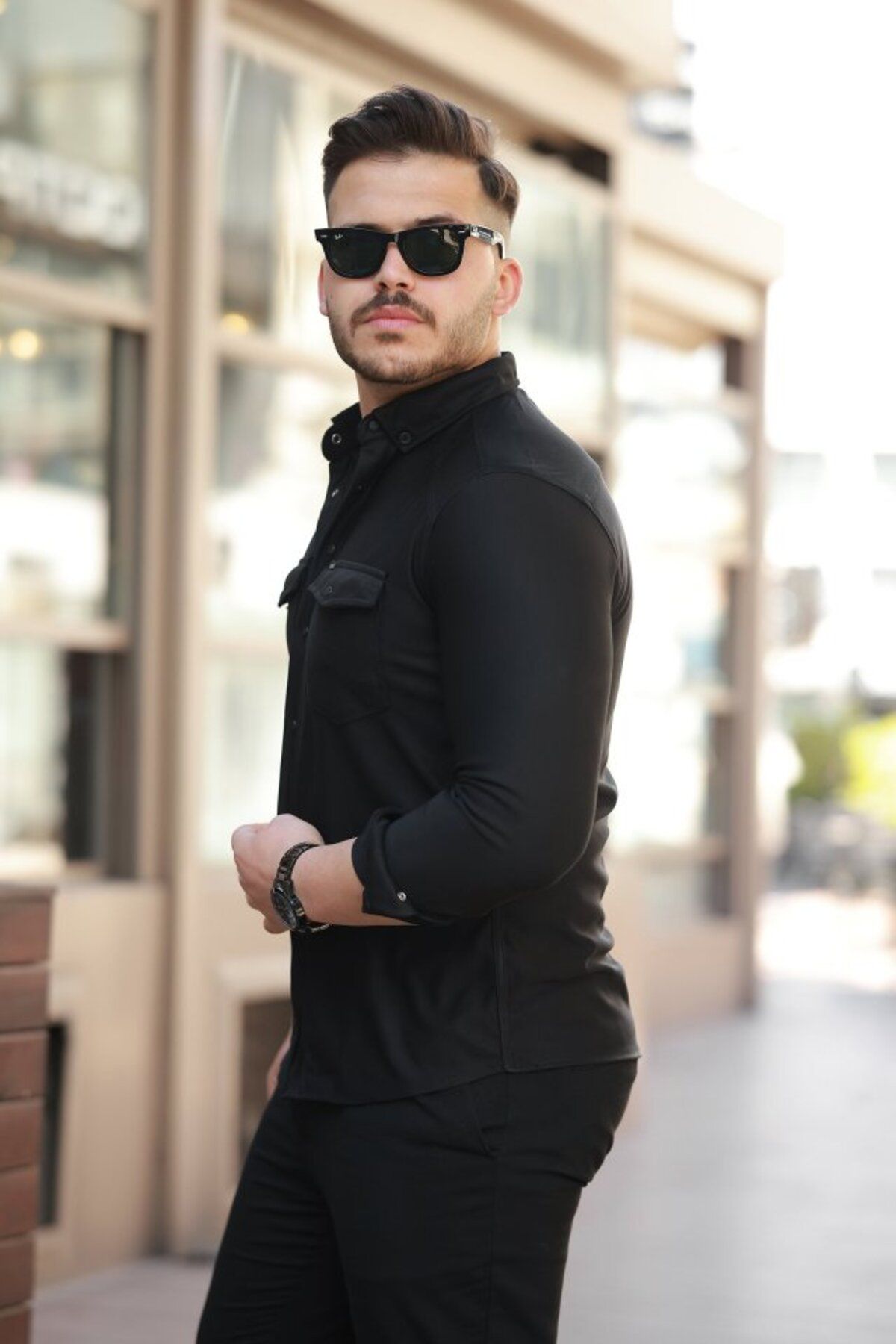 Gökyüzü Moda Erkek çift Cepli çıtçıt Düğmeli Uzun Kollu Gömlek