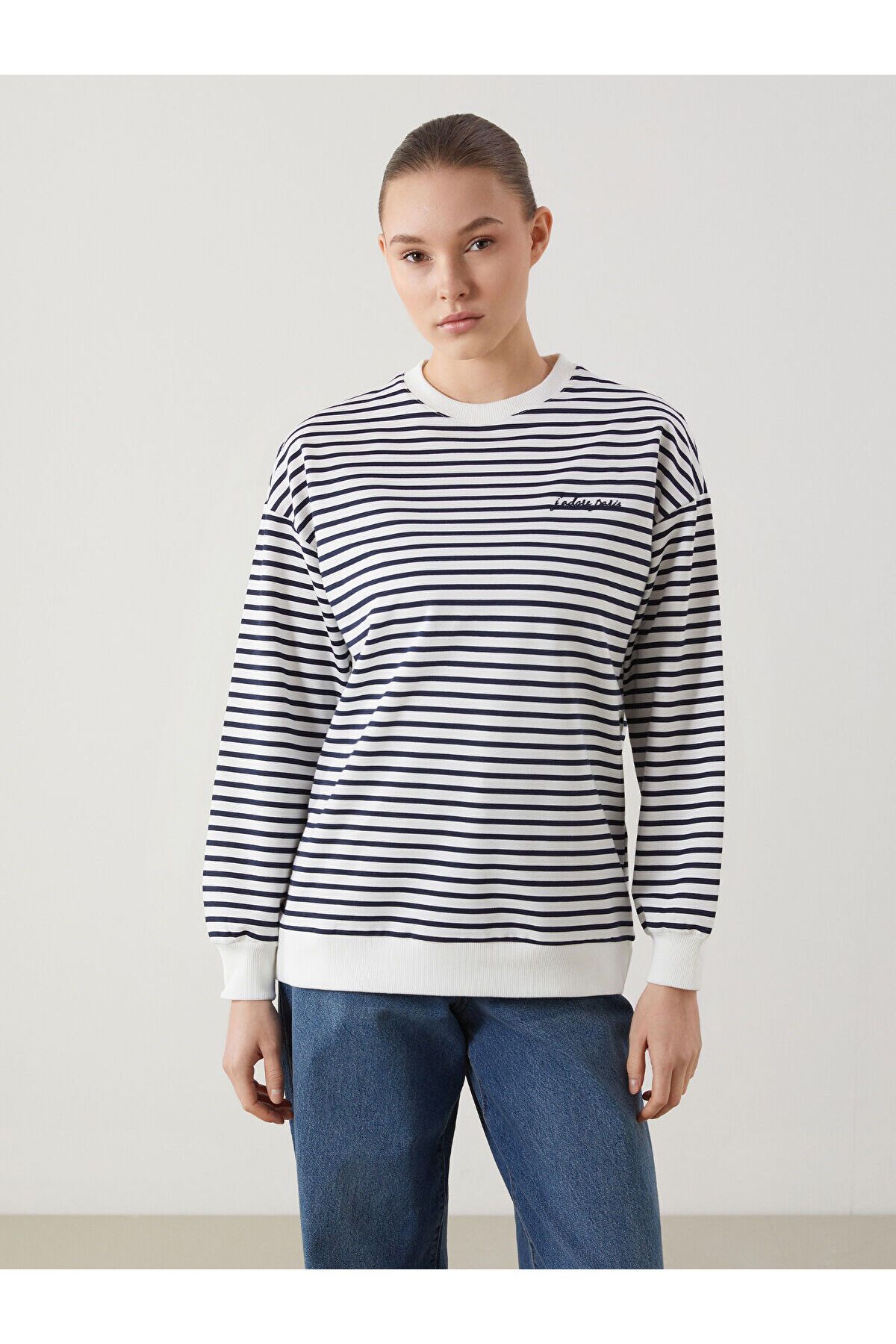 LC Waikiki Bisiklet Yaka Çizgili Kadın Sweatshirt Tunik
