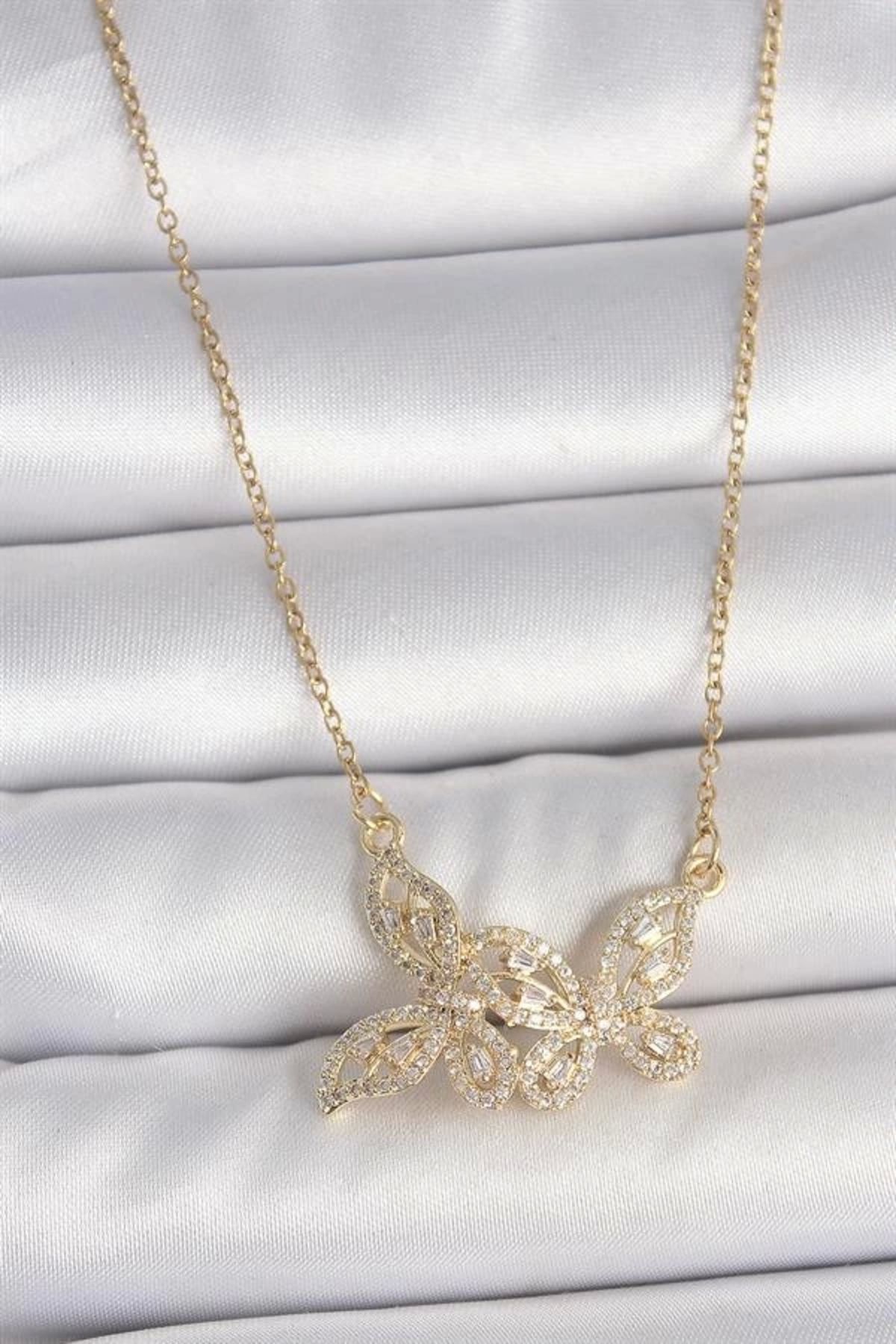 Merev 316L Çelik Gold Renk Zincir Zirkon Taşlı Kelebek Model Kadın Kolye