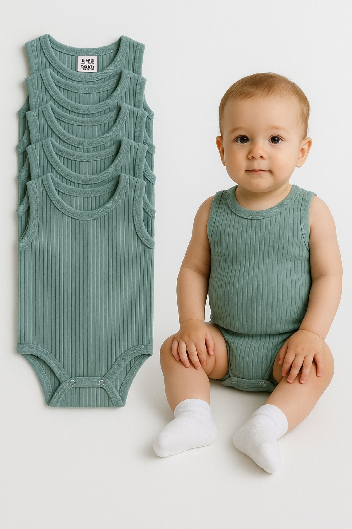Trend Bebe Butik 5'li Fitilli Çıtçıtlı Bebek Zıbın Seti Pamuklu Atlet Body Yazlık Kolsuz Bebek Zıbın Tulum Ribana