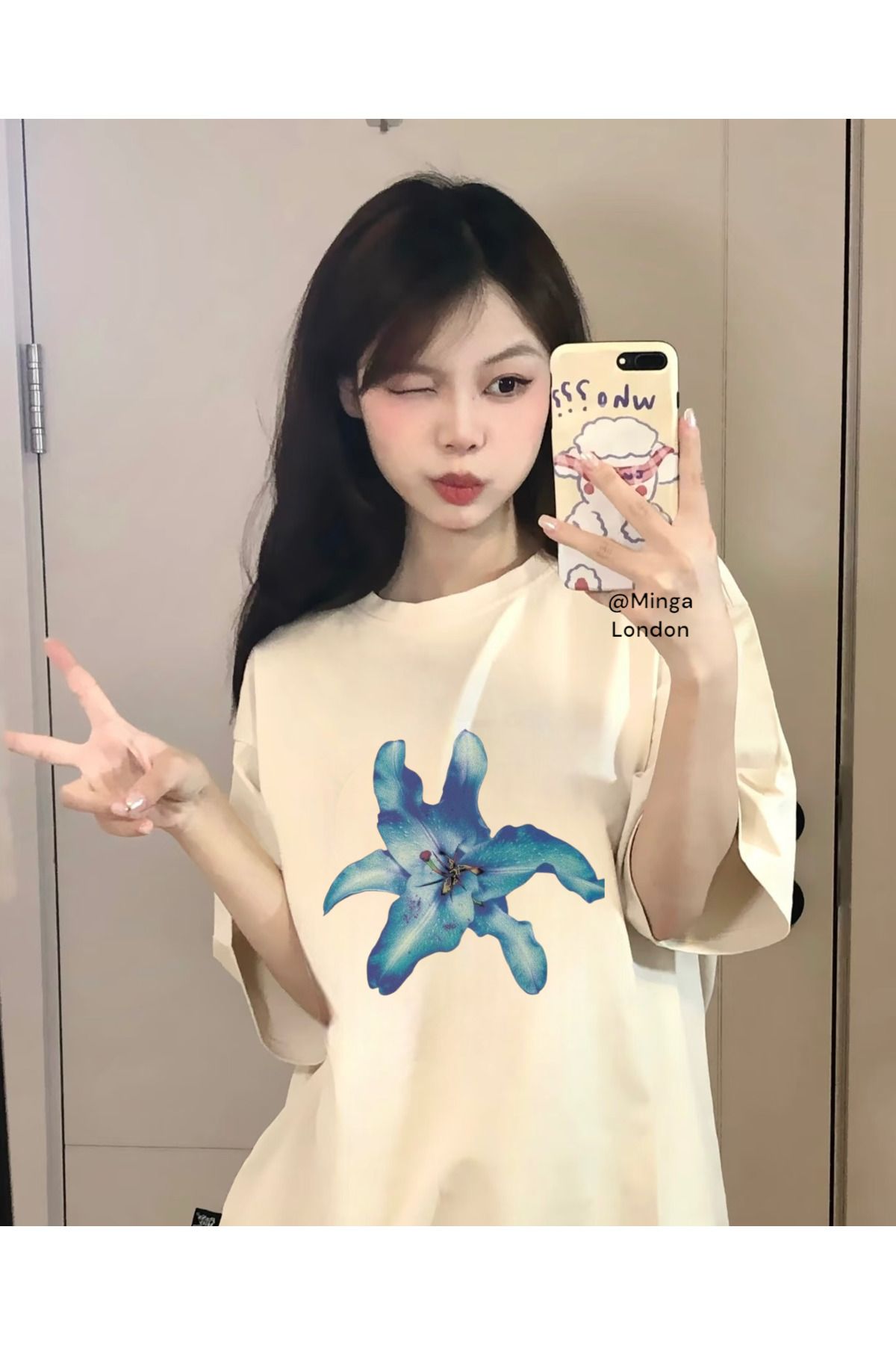 Minga London Bej Blue Hibiscus Ön Baskılı Oversize Tshirt - Ghostella