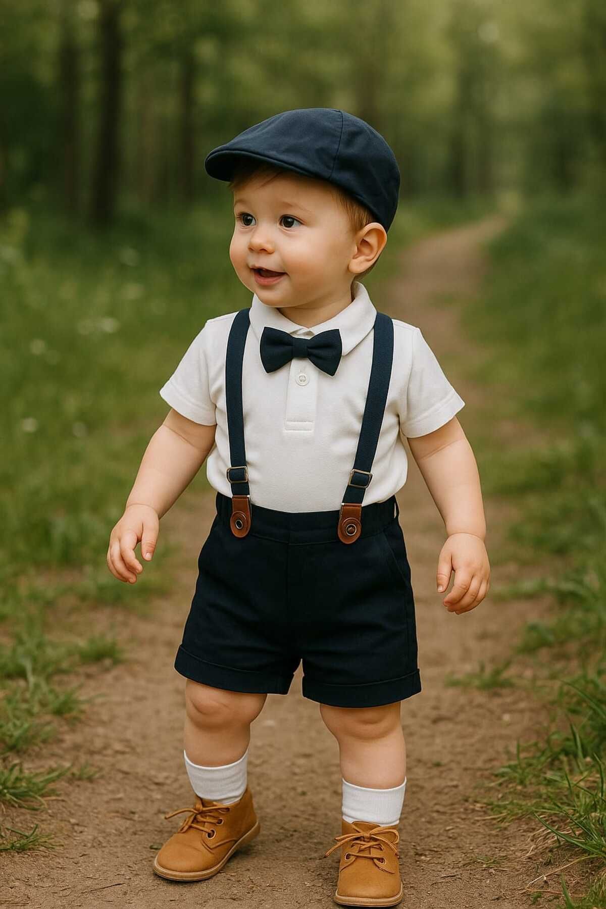 Lino Baby Yazlık Erkek Bebek Takım Papyonlu Kısa Kollu Penye Likralı Gabardin Şort Askılı Şapkalı 6-24 Ay 5 li