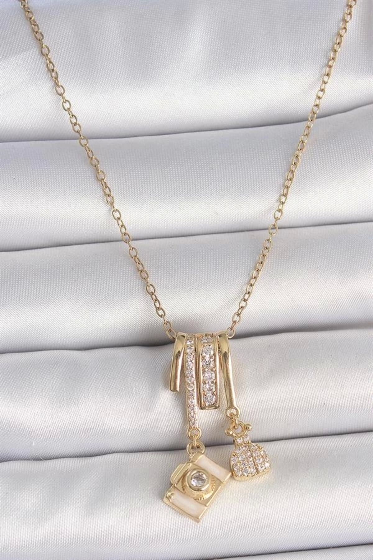 Merev 316L Çelik Gold Renk Zirkon Taşlı Sallantı Fotoğraf Makinası Figür Charm Kadın Kolye