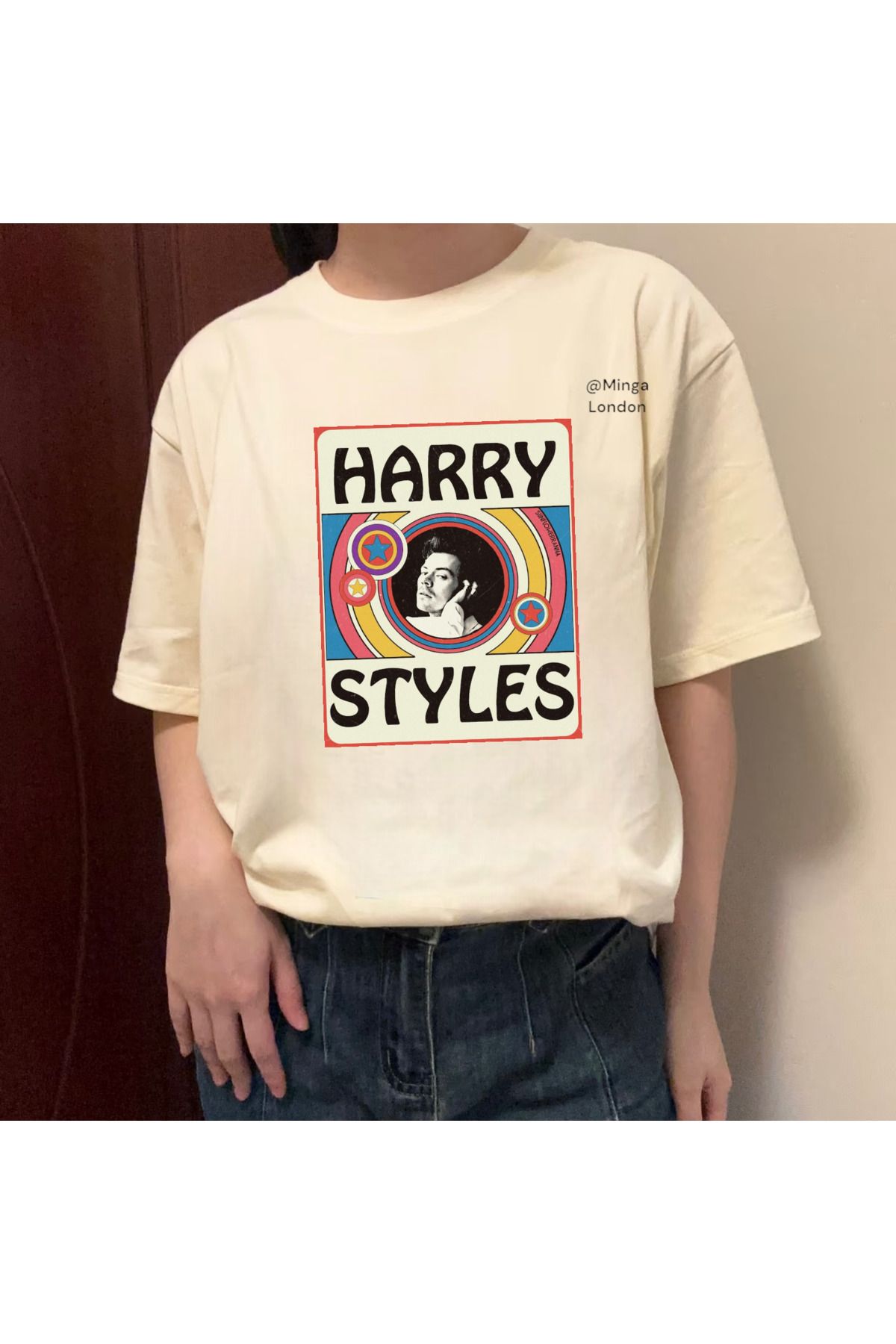 Minga London Bej Harry Styles Famous Ön Baskılı Oversize Tshirt - Ghostella