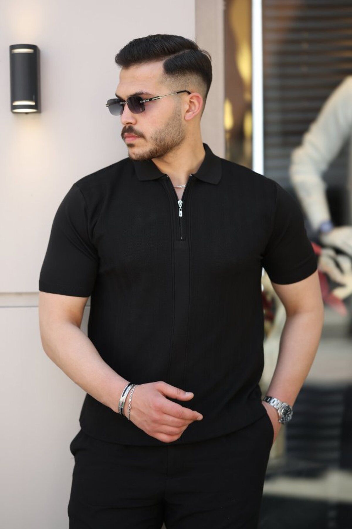 novafems Erkek Yakası Fermuarlı Kısa Kollu T-shirt