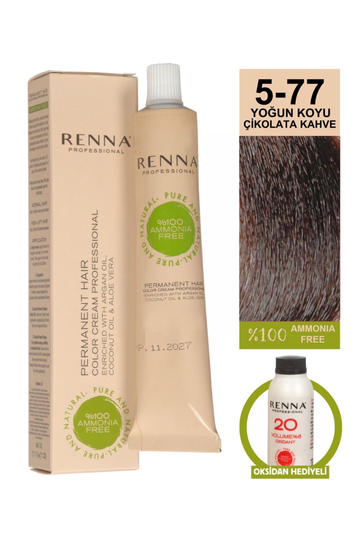 Renna AMONYAKSIZ Bitkisel Yıpranmış Saçlar İçin Saç Boyası 5-77 YOĞUN KOYU ÇİKOLATA KAHVE 60ml