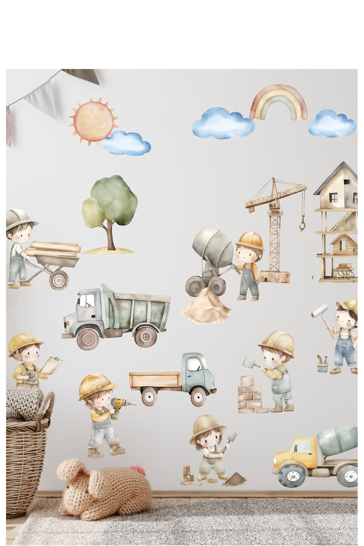 KT Decor Şantiye Sahası İş Makineleri ve Minik İnşaat Ustaları Çocuk Odası Duvar Sticker Seti