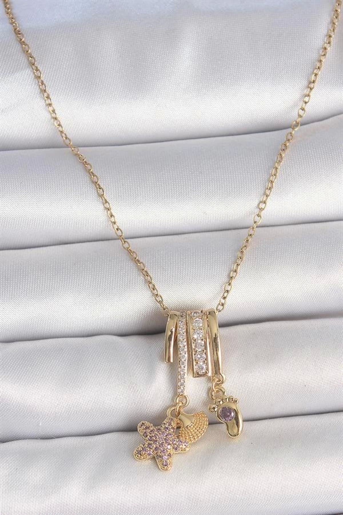 Merev 316L Çelik Gold Renk Sallantı Zirkon Taşlı Mor Taşlı Ayıcık Figür Charm Kadın Kolye
