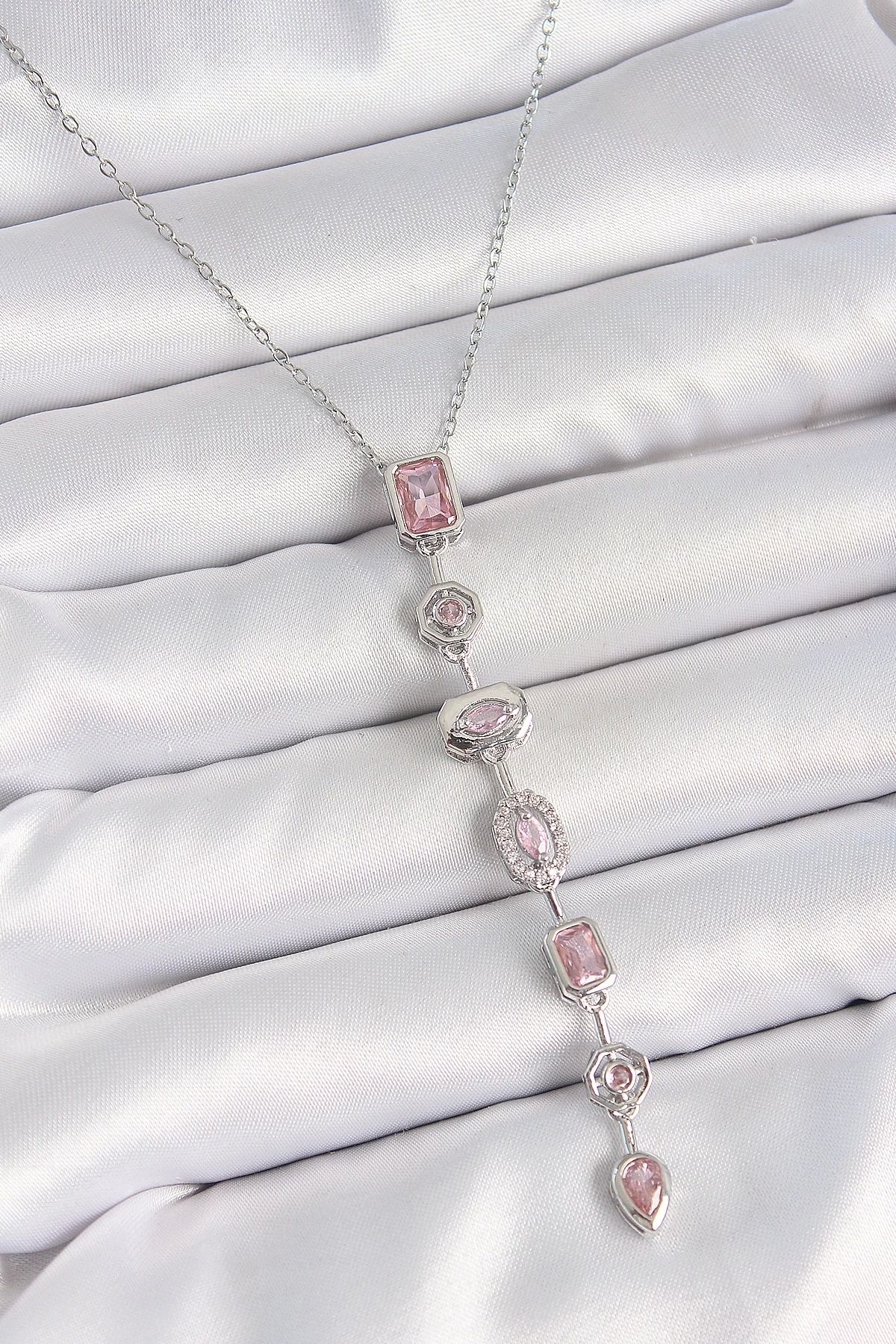 GLIMMERY 316L Çelik Gümüş Renk Zincir Pembe Zirkon Taşlı Y Model Dekolte Kadın Kolye