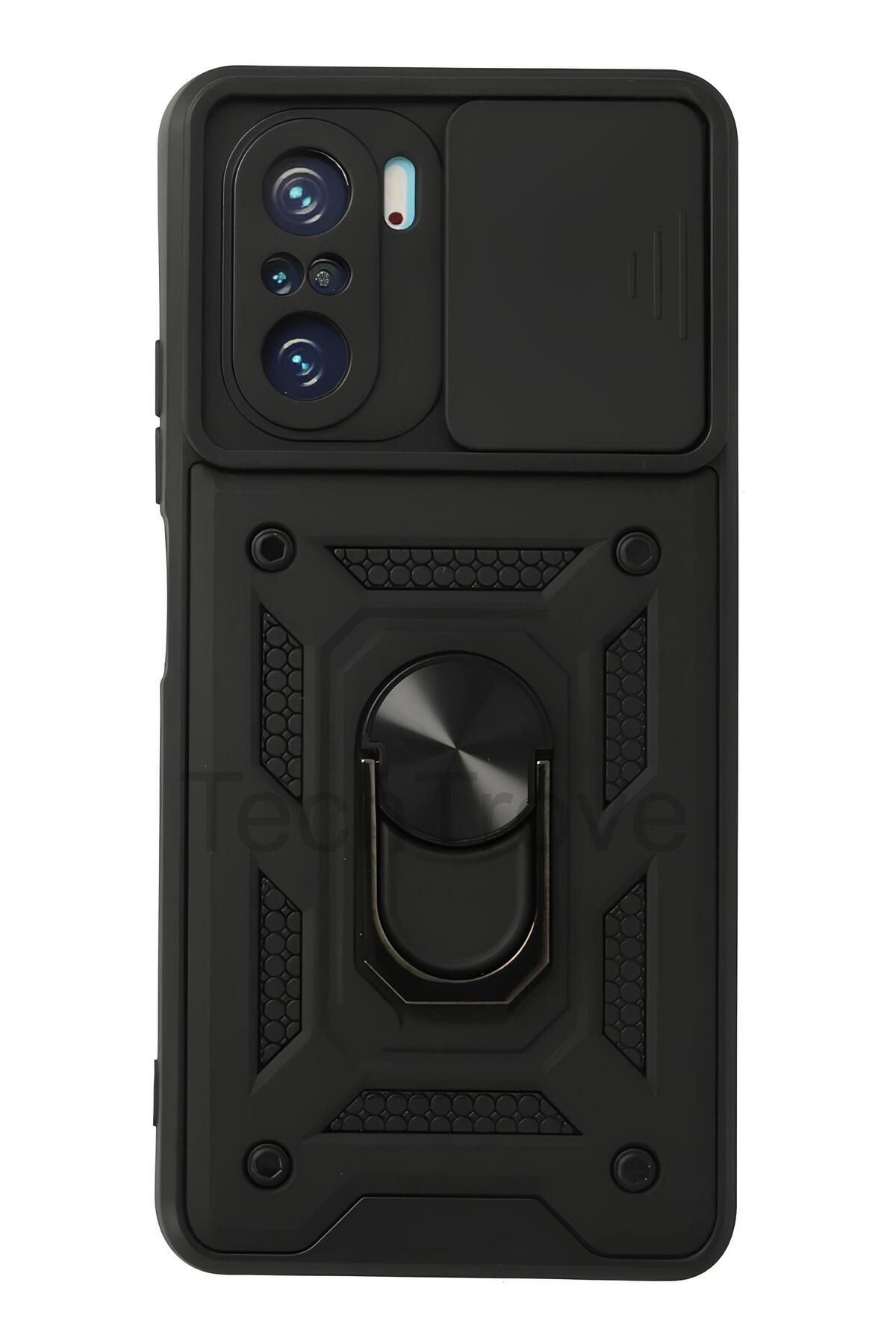 TechTrove Xiaomi Redmi K40 Pro Kılıf Sürgülü Kamera Korumalı Yüzüklü Stand Olabilen Magnetic Tpu Tank Kapak