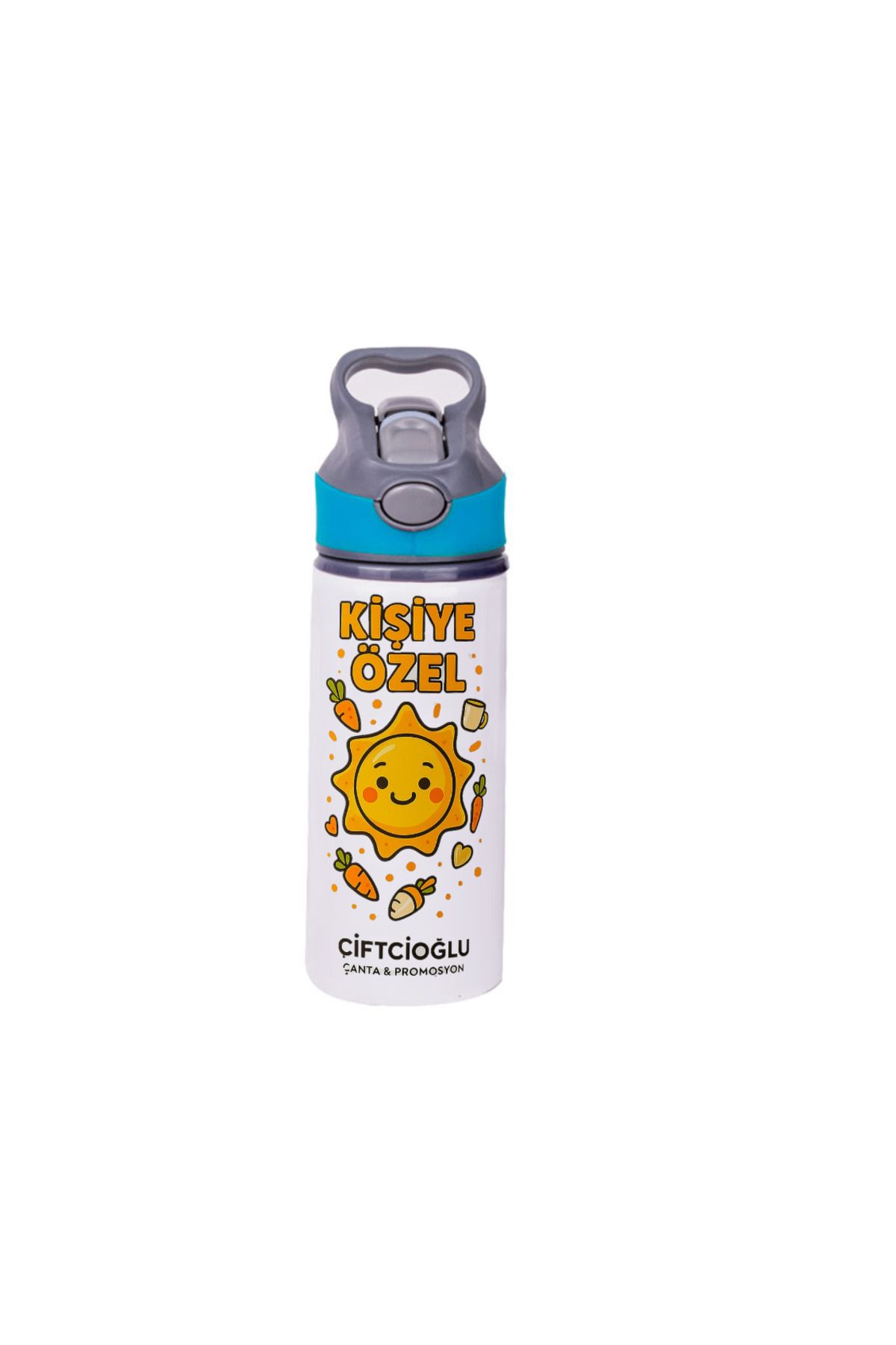 çiftçioğlu Kişiye Özel Baskılı Çelik Beyaz Pipetli Alüminyum Matara-Suluk 650ml Soğuk-Sıcak-Size Özel