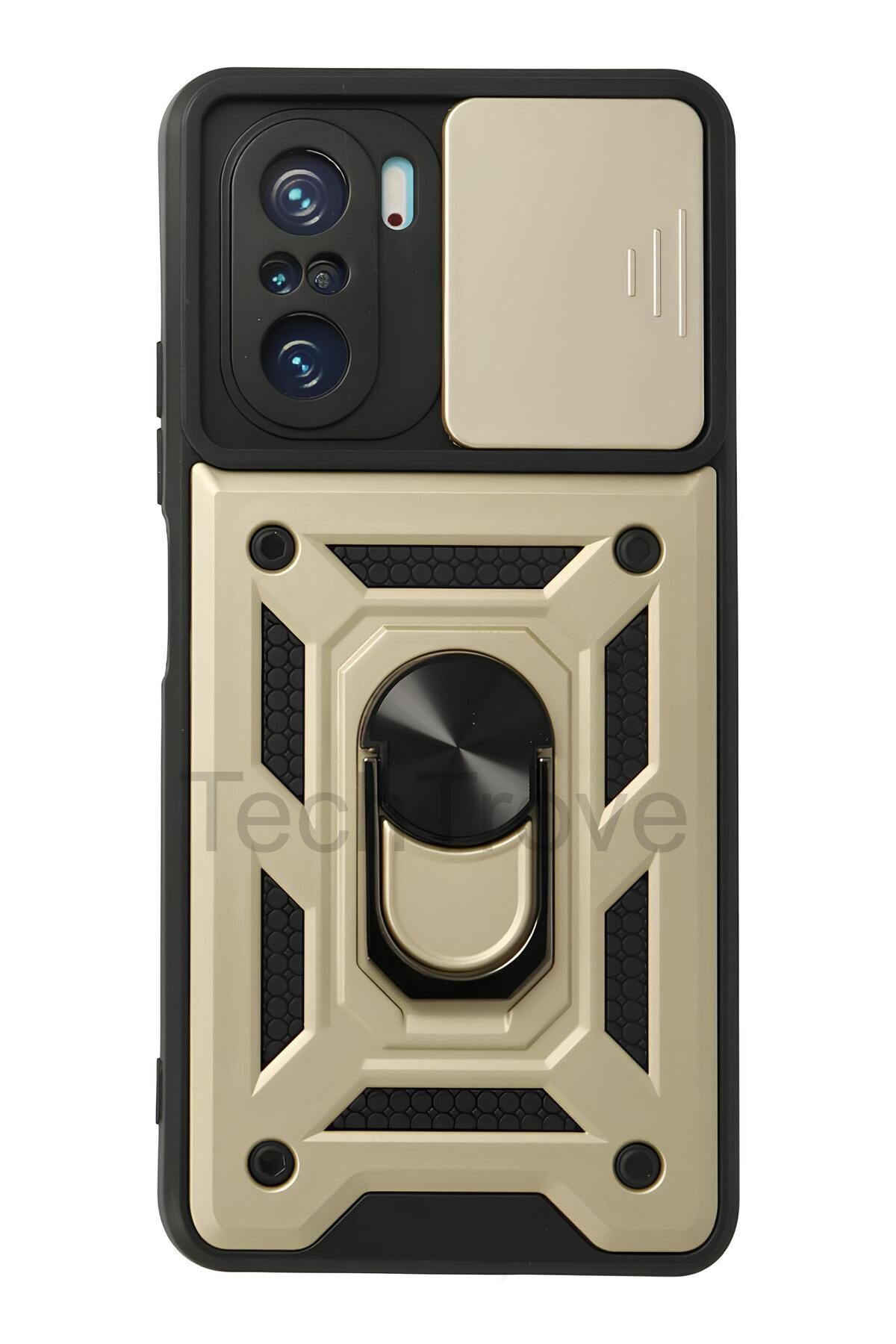 TechTrove Poco F3 Kılıf Sürgülü Kamera Korumalı Yüzüklü Stand Olabilen Magnetic Tpu Tank Kapak