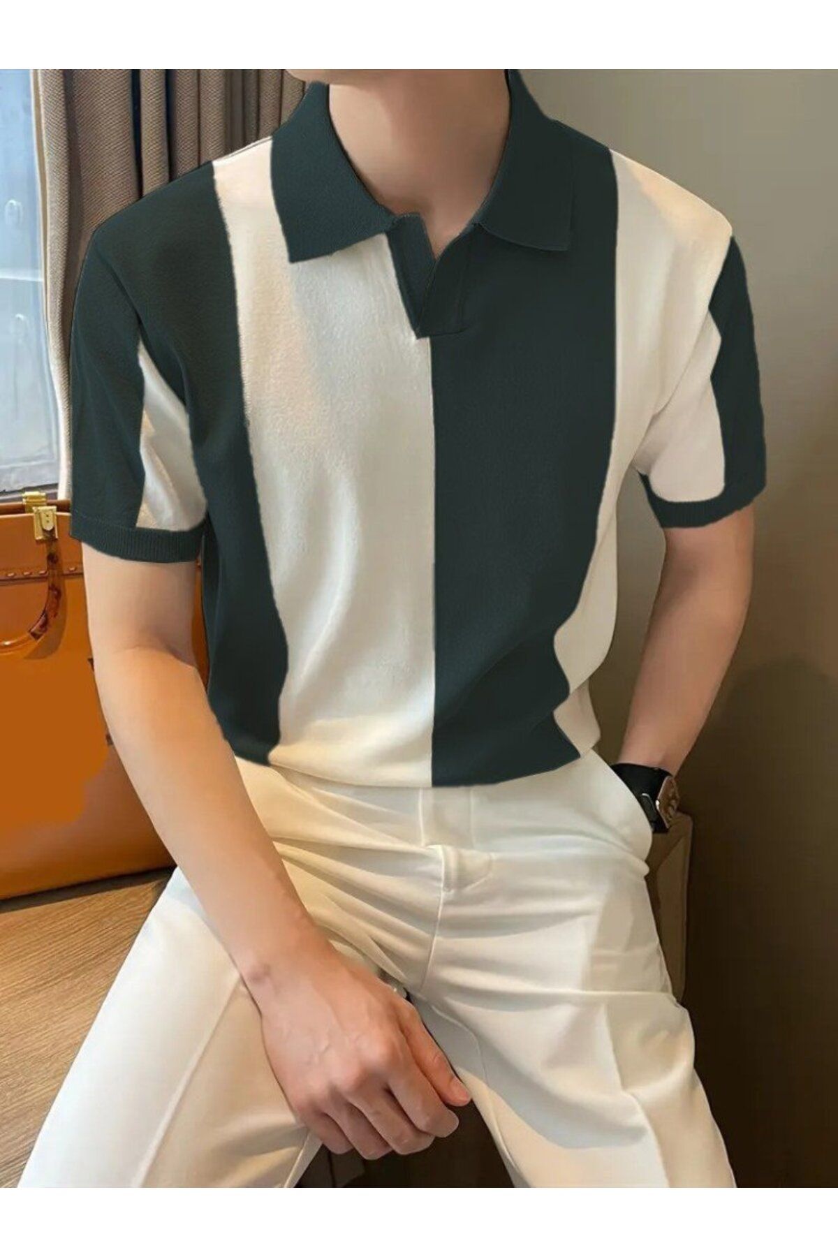 Gökyüzü Moda Erkek Kısa Kollu Polo Yakalı Blok Desenli Triko Bluz