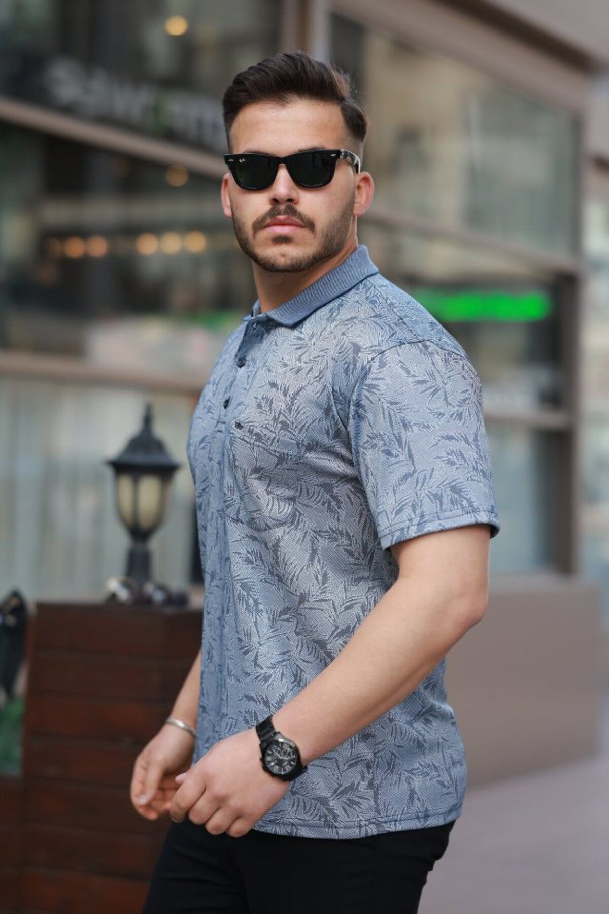 gelirr Erkek Yakalı Jakar Baskılı Kısa Kollu T-shirt