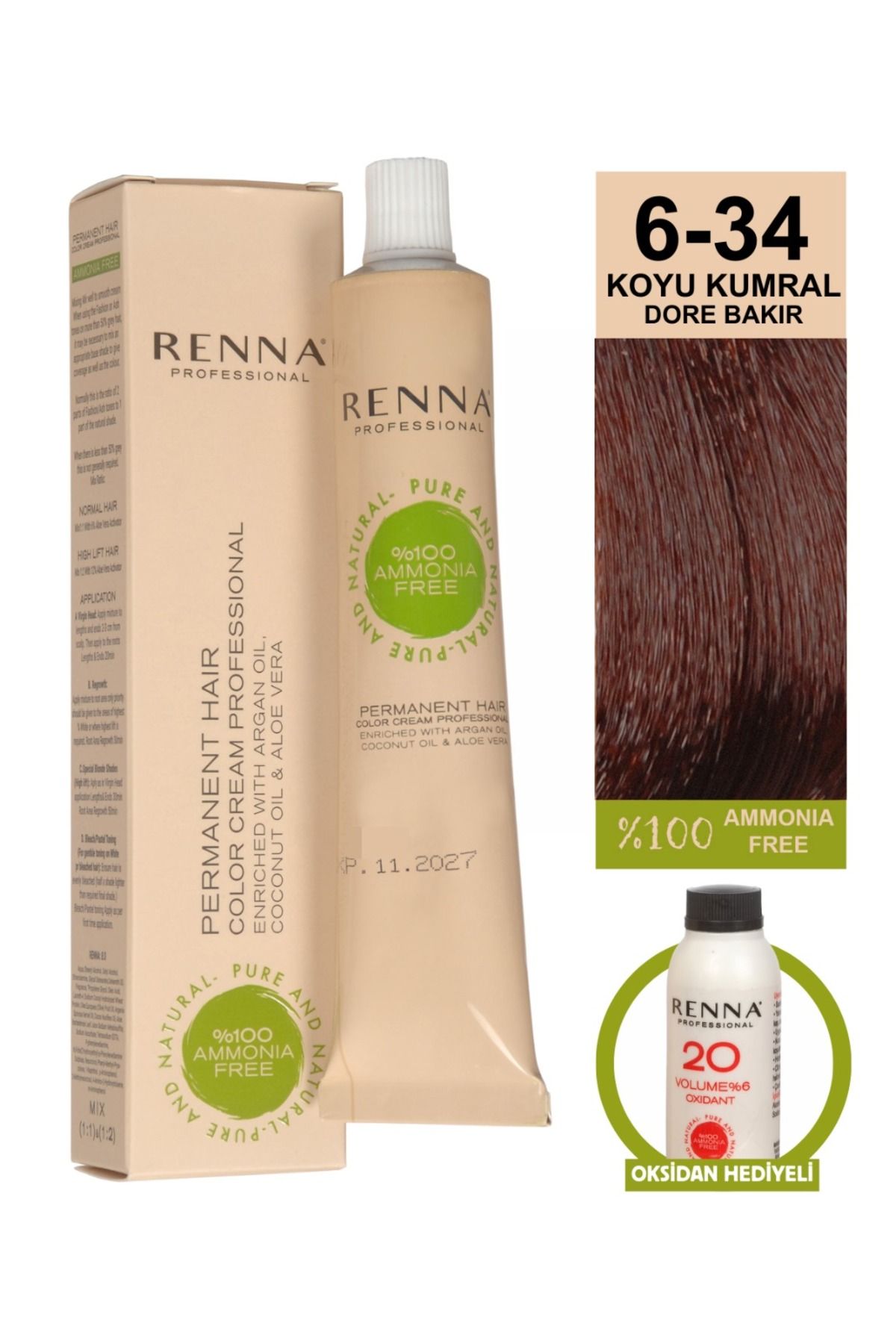 Renna AMONYAKSIZ Bitkisel Yıpranmış Saçlar İçin Saç Boyası 6-R KOYU KUMRAL-DORE BAKIR 60ml