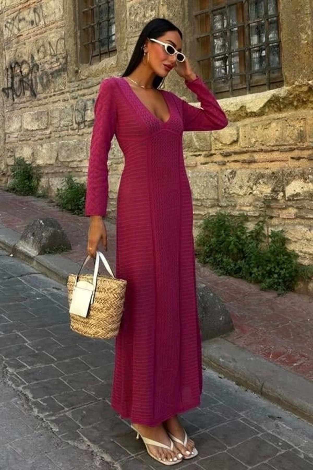 Butik Ajurlu V Yaka Elbise 2851
