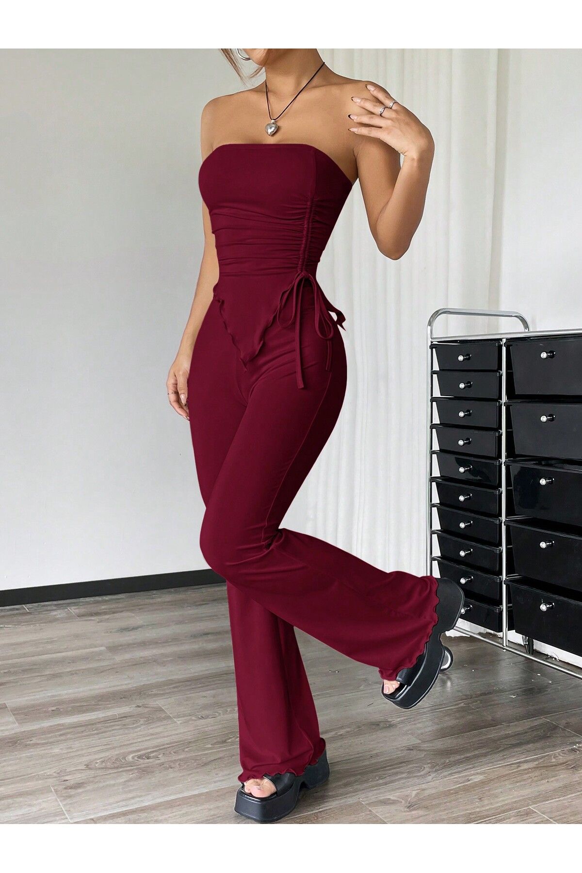 Wild Flower Bordo Straplez Büzgülü Asimetrik Alt Üst Takım