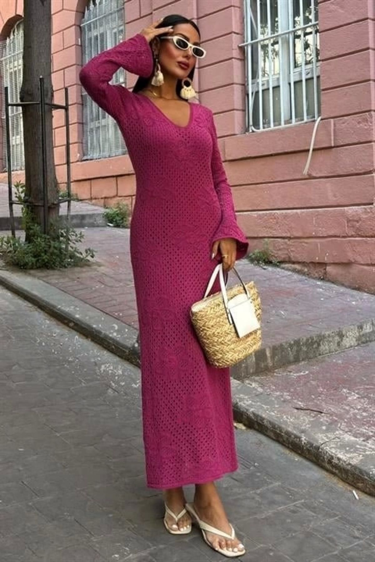 Butik Çiçek Detaylı Ajurlu Triko Elbise 2857