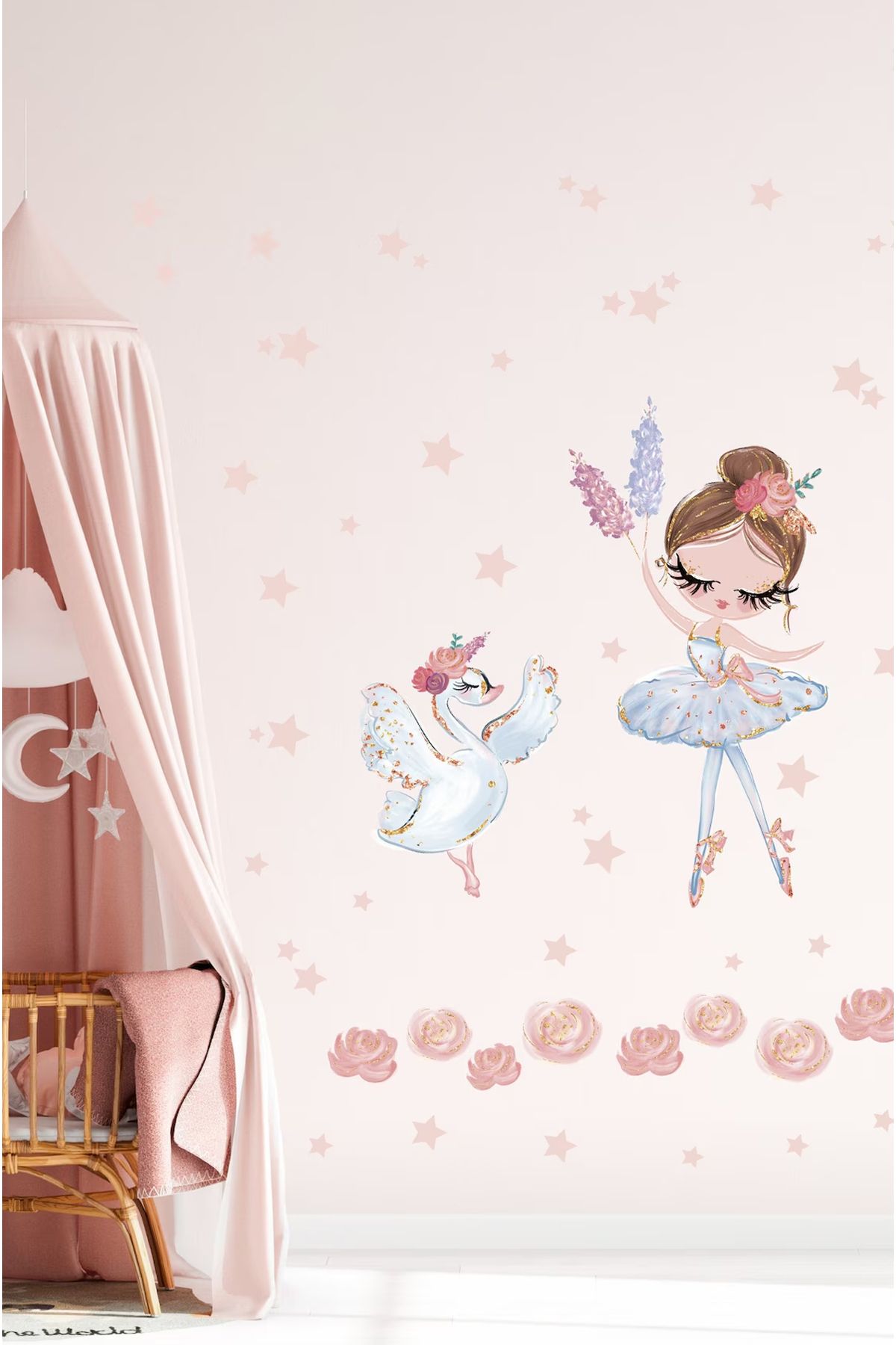 KT Decor Beyaz Balerin ve Kuğu Kız Çocuk Odası Duvar Sticker Seti