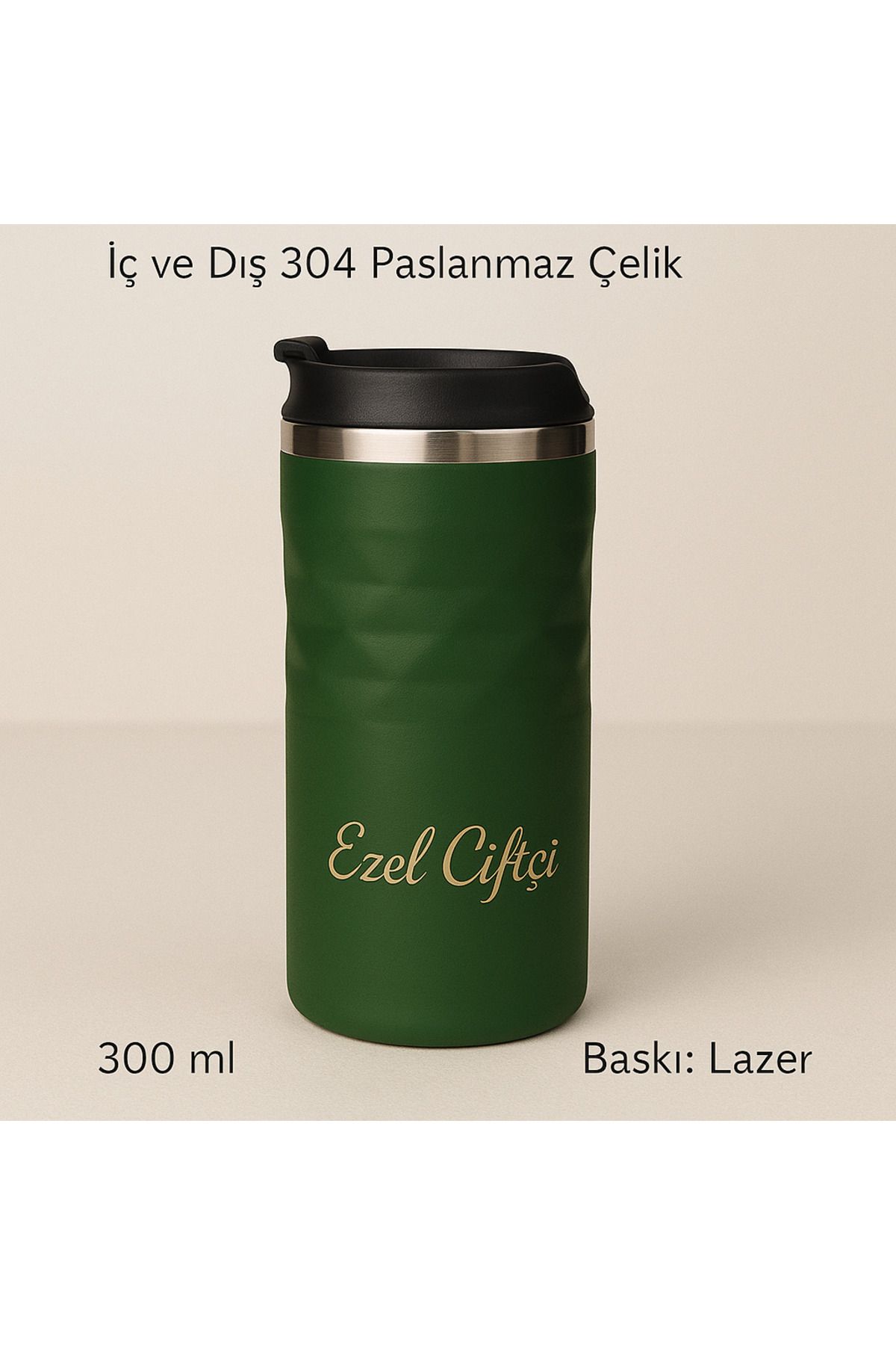 çiftçioğlu Kişiye Özel Lazer İsim Baskılı İç-Dış Paslanmaz Çelik 300ml Termos