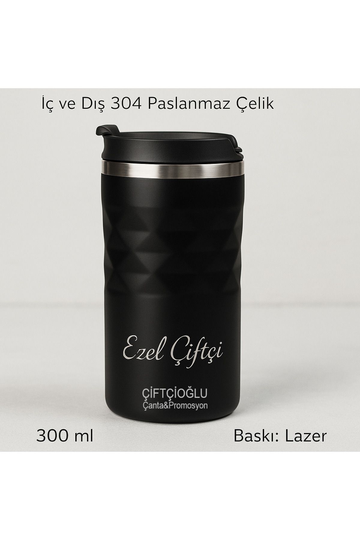 çiftçioğlu Kişiye Özel Lazer İsim Baskılı İç-Dış Paslanmaz Çelik 300ml Termos