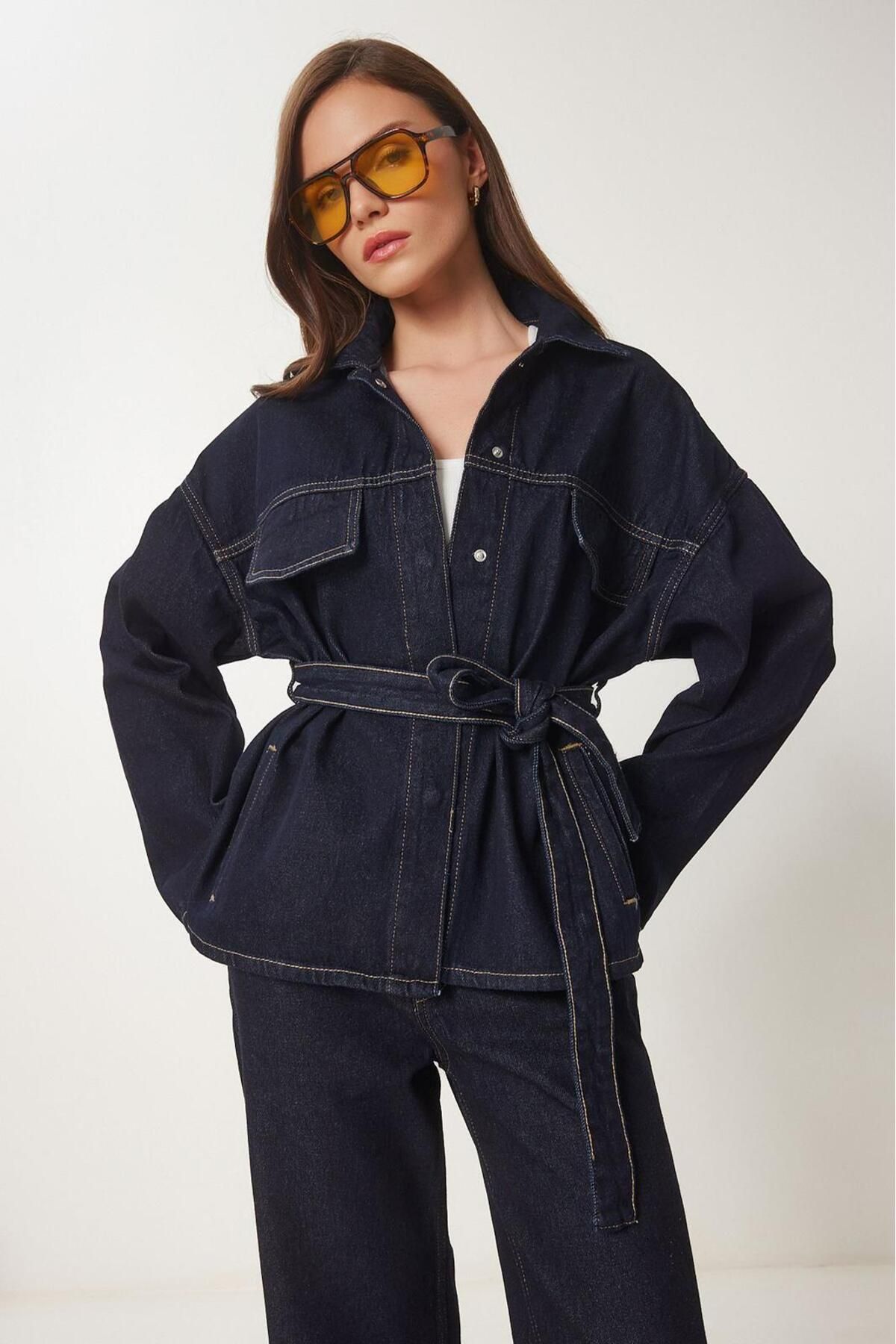 GERDA BUTİK Kadın Oversize Düğmeli Cepli Kuşaklı Denim Kumaş Ceket Pantolon Takım