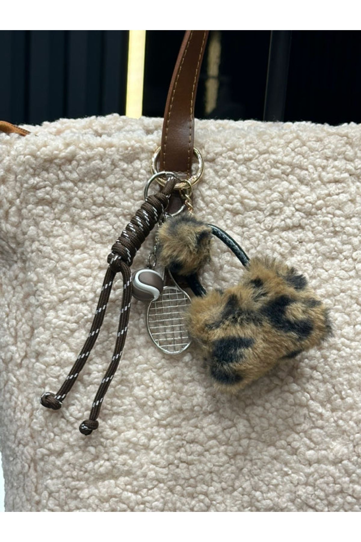Assia Atelier Leopar Desenli Mini Peluş Çanta & Raket Detaylı Şık Çanta Süsü Anahtarlık Charm