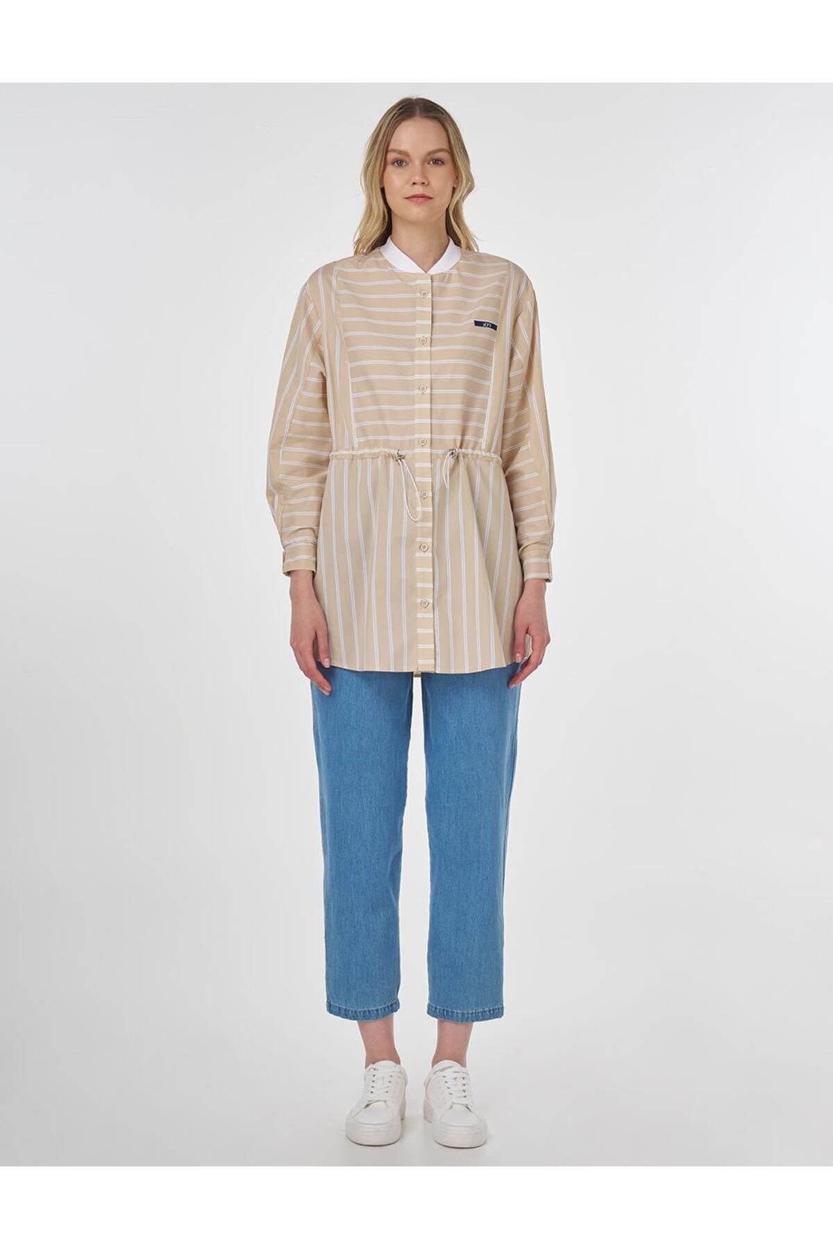 KYR-Gathered Waist Line Pattern Poplin Tunic Beige 2