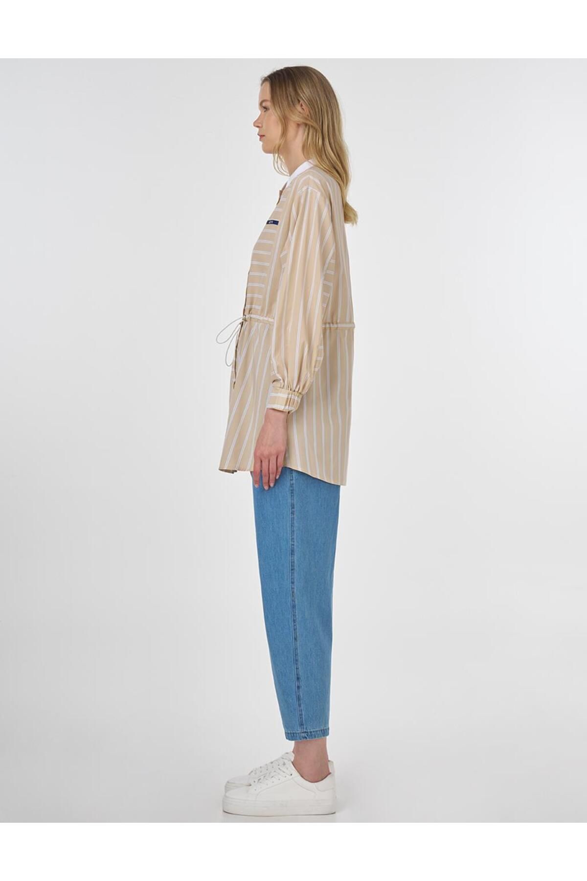 KYR-Gathered Waist Line Pattern Poplin Tunic Beige 4