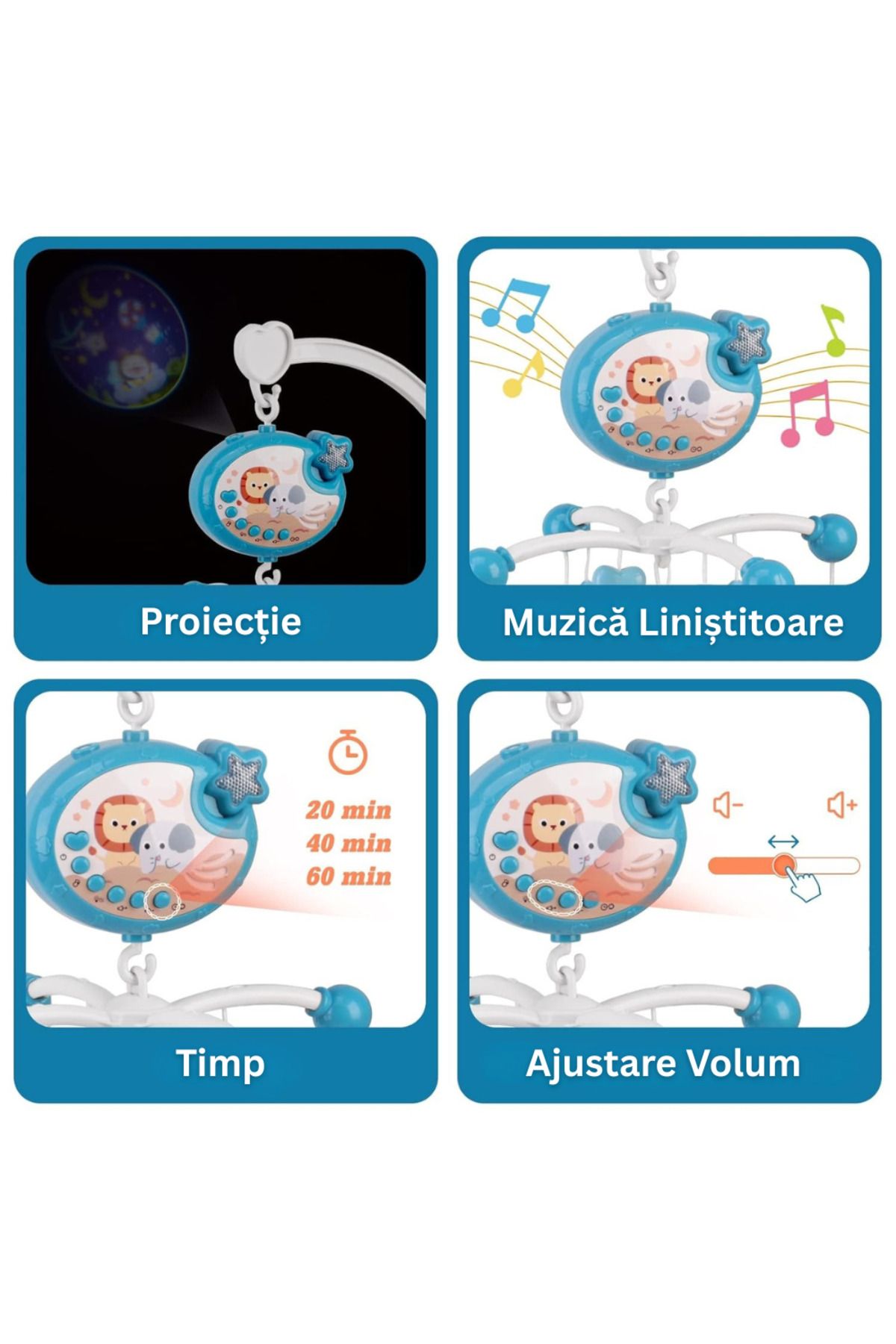 Velixo-Baby Crib Carousel, Remote, Projector, 40 Songs, 4 Toys, 360° Rotation, Timer, Volume Control 2