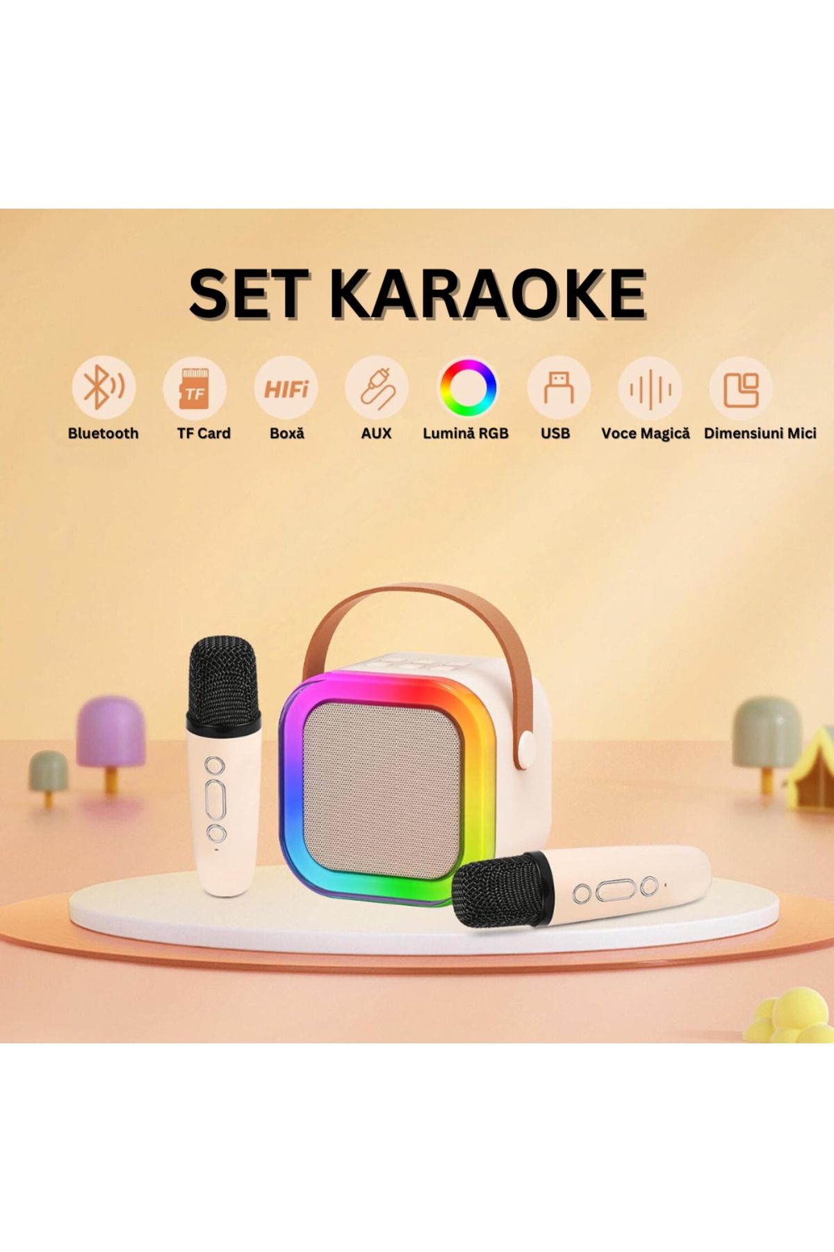Velixo-Set of 2 Wireless Karaoke Mics with Speaker, Bluetooth, RGB LED, 3D Sound, 5 Effects, MicroSD, AUX 3