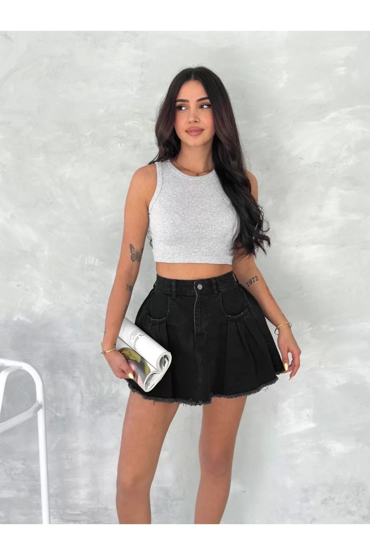 LUSHİOWEAR Şık Pileli Yazlık Mini Etekli Kot- Siyah