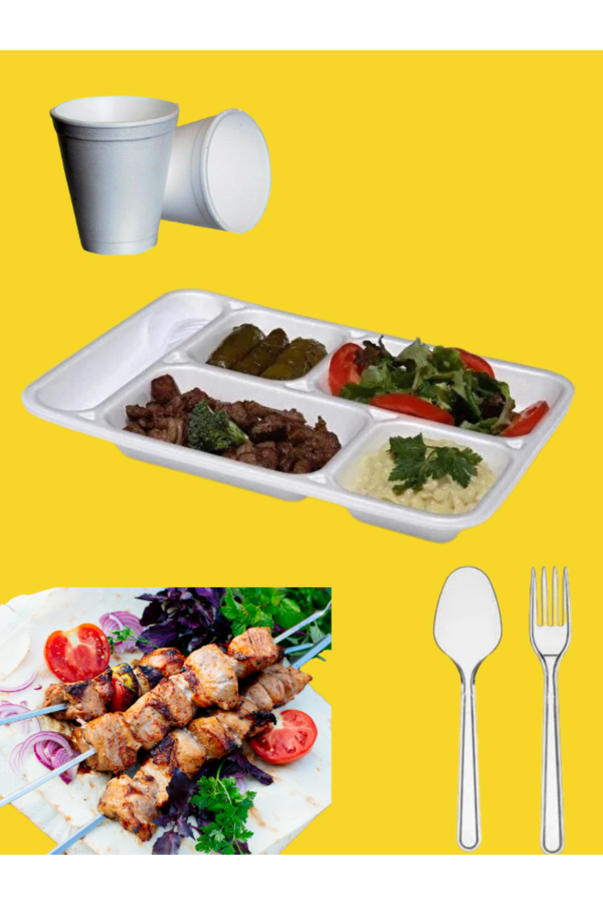 MEZ-PACK MANGAL SETİ KURBAN BAYRAMINDA KOLAYLIK 5 BÖLMELİ KÖPÜK /KÖPÜK BARDAK /PLASTİK ÇATAL KAŞIK 25 ADT