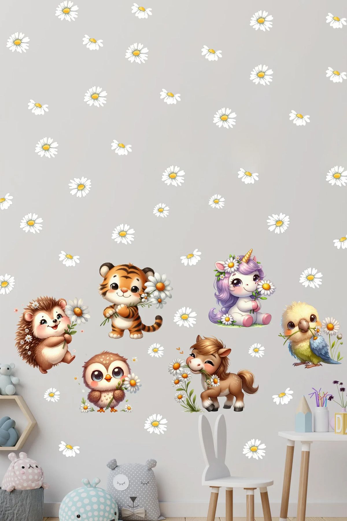 KT Decor Papatyalı Yavru Hayvanlar 80 Parça Çocuk Odası Duvar Sticker Seti