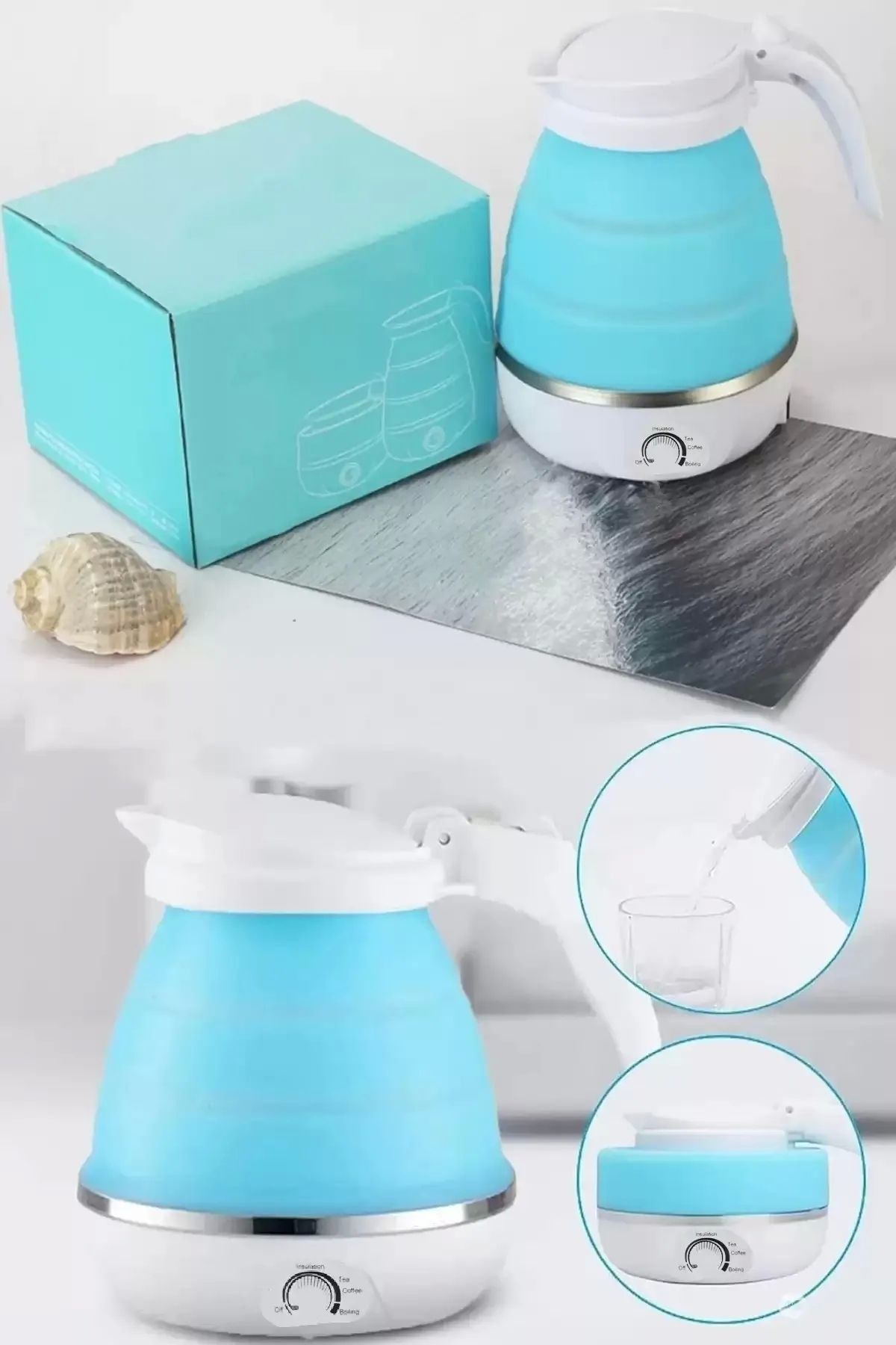 Rosemor Katlanabilir Kamp Piknik Su Isıtıcı Taşınabilir Mini Kettle Silikonlu Elektrikli Su Isıtıcısı