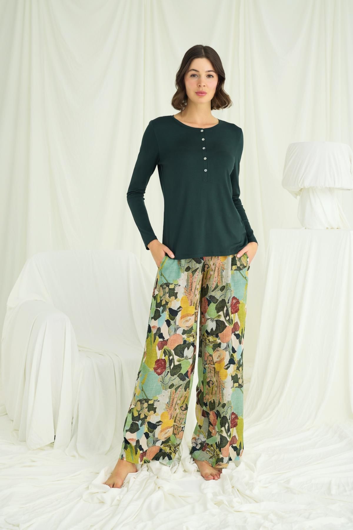 MONAMİSE-Flower and Leaf Patterned Pajama Set 4
