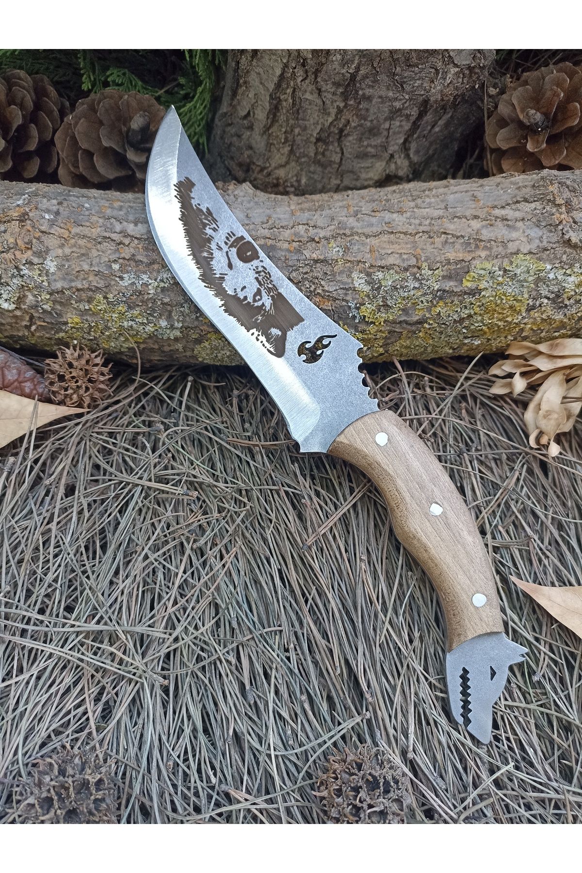 kurtbey Uluyan Kurt Kafalı Alevli model büyük avcı boy 30cm taktikal av kamp bıçağı Özel Gravür