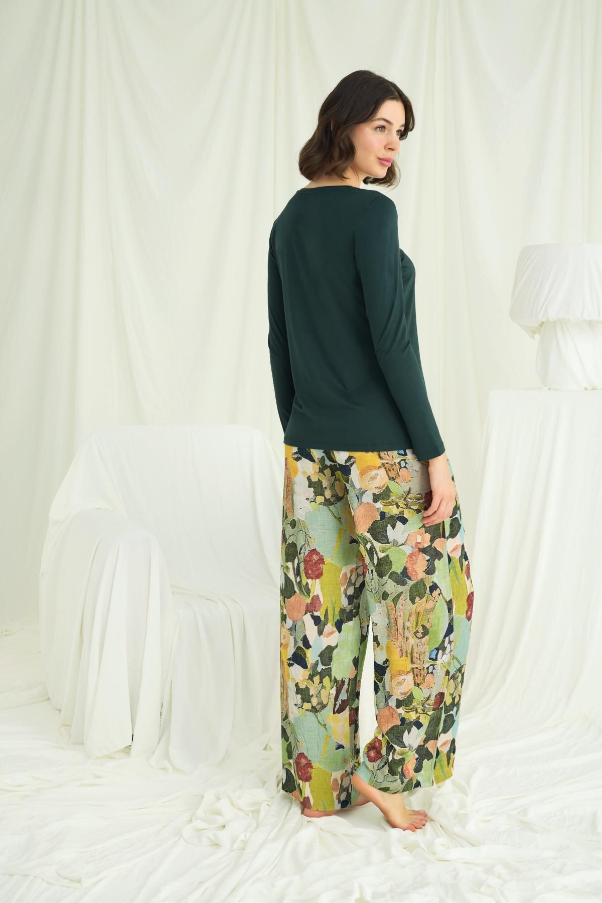 MONAMİSE-Flower and Leaf Patterned Pajama Set 5
