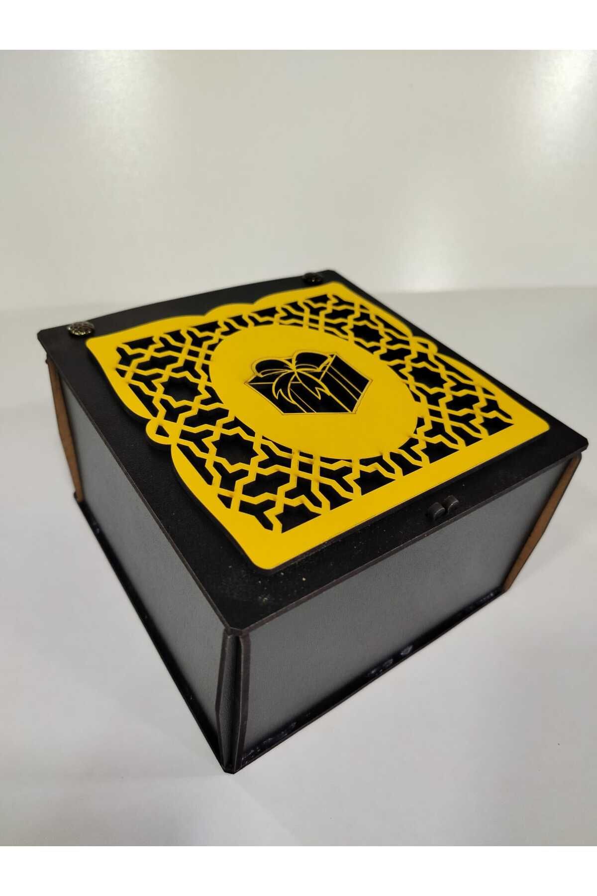 Vuslat Hediyelik AHŞAP HEDİYE KUTUSU SARI DEKOR (15X15 CM) 9 CM YÜKSEKLİK