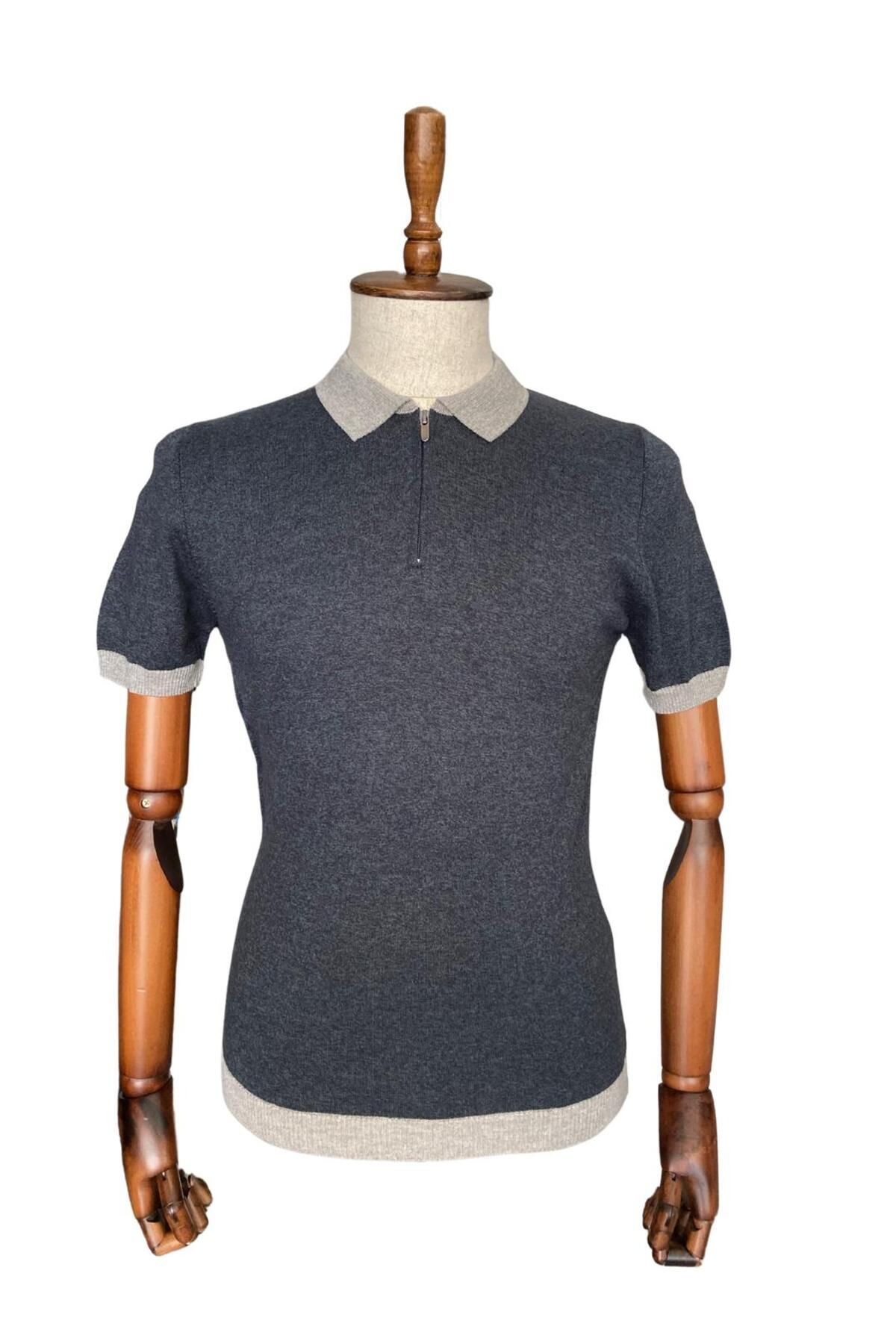 Butik Polo Yaka Fermuarlı Triko Karıncalı Desen