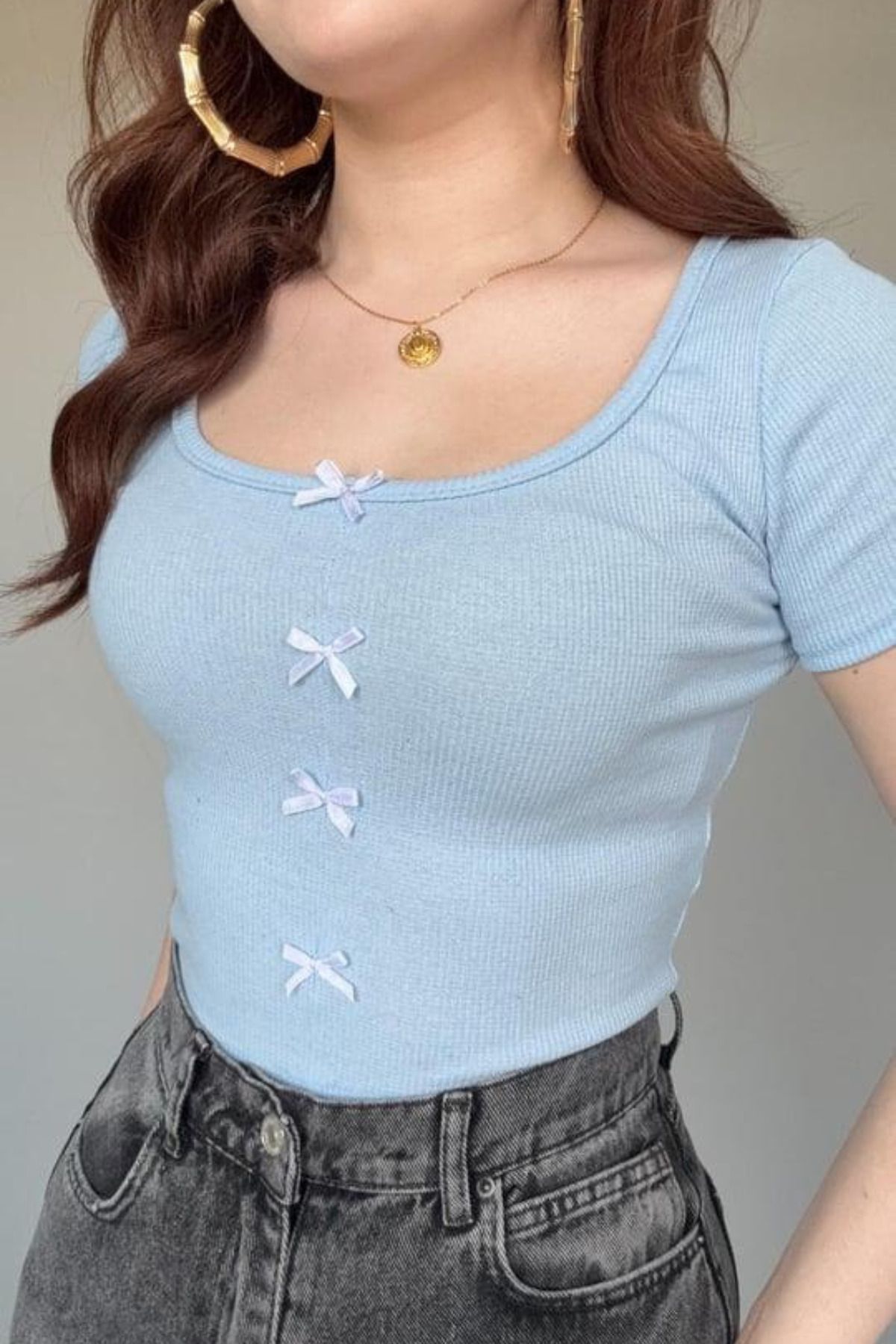 SYMPATHY Kadın Bebe Mavi Kaşkorse Kare Yaka Fiyonklu Kısa Kollu Yazlık Tshirt