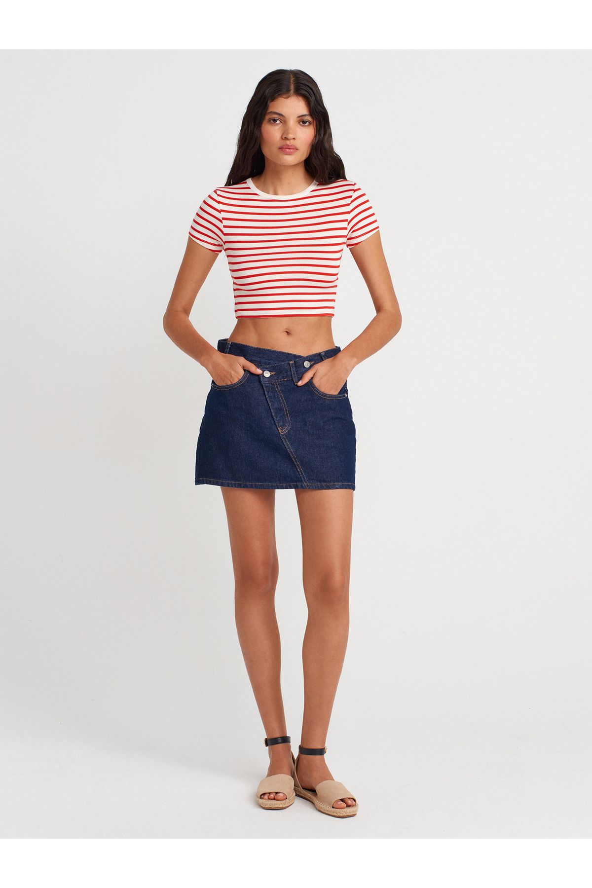 Dilvin 80583 Asimetrik Mini Denim Etek-Lacivert
