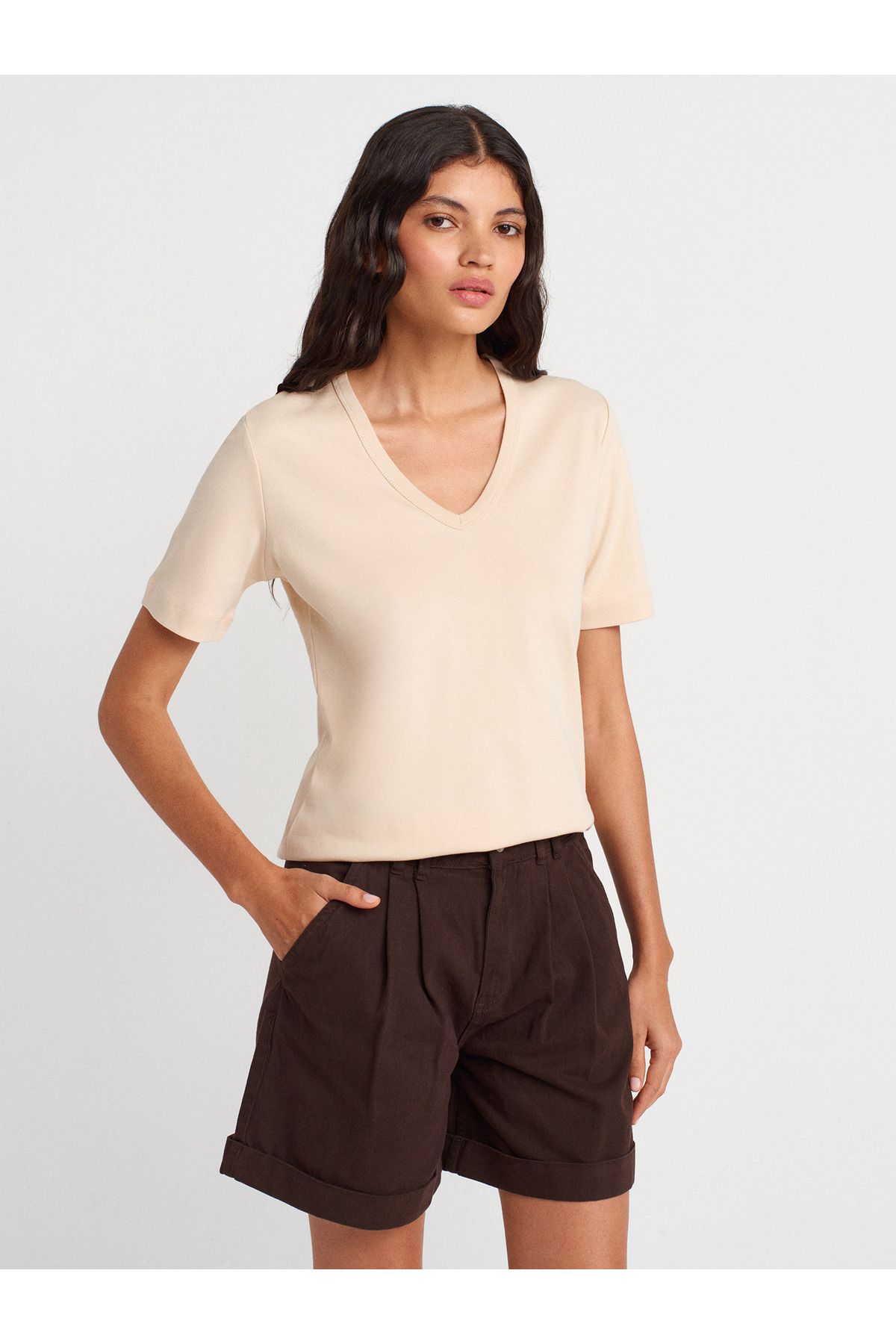 Dilvin 31840 V Yaka Kısa Kollu T-shirt-Taş