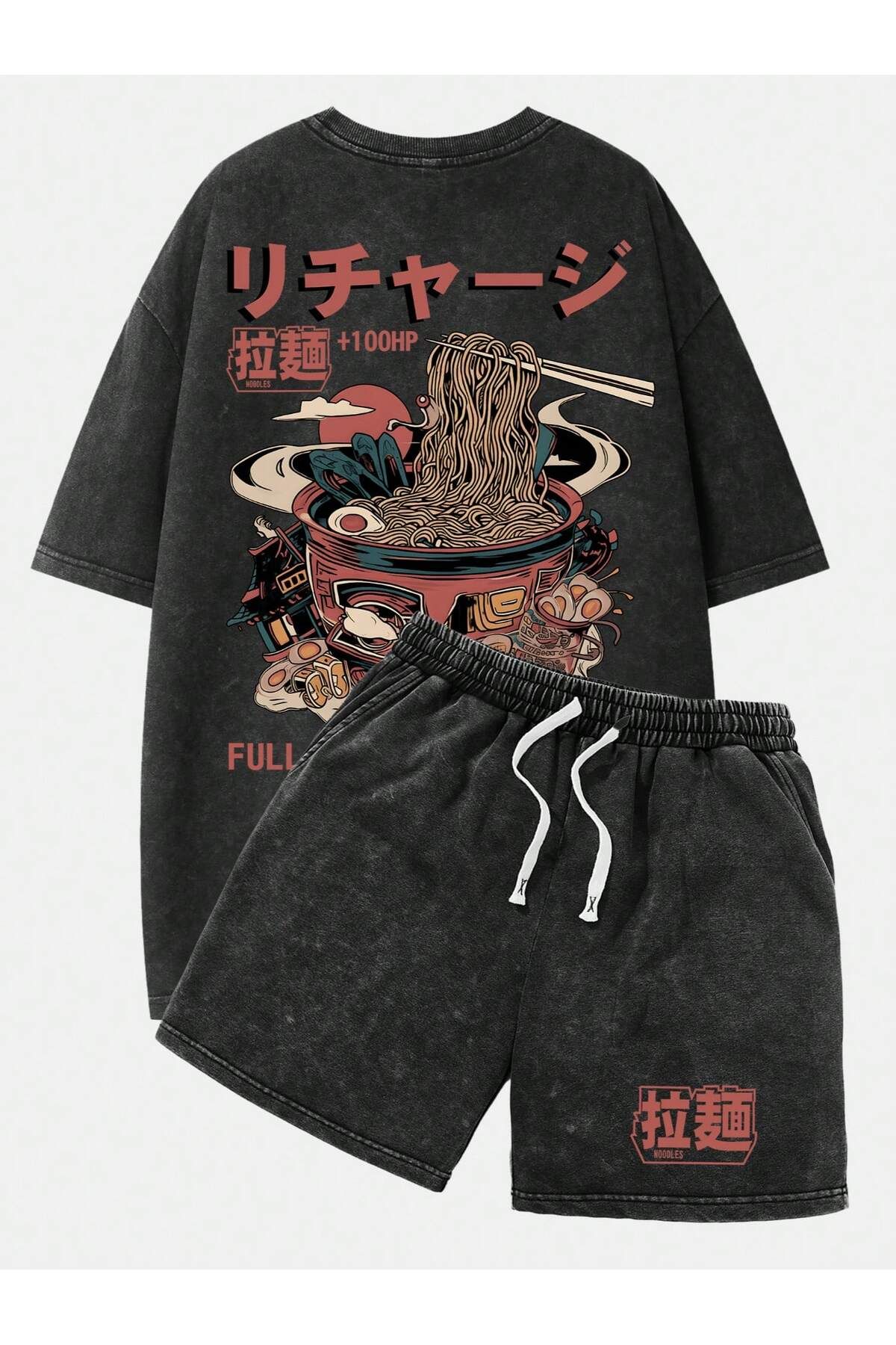 aynewmoda Erkek 2 parçalı takım, kısa kollu tişört ve bağcıklı şort, anime/manga grafik baskısı,